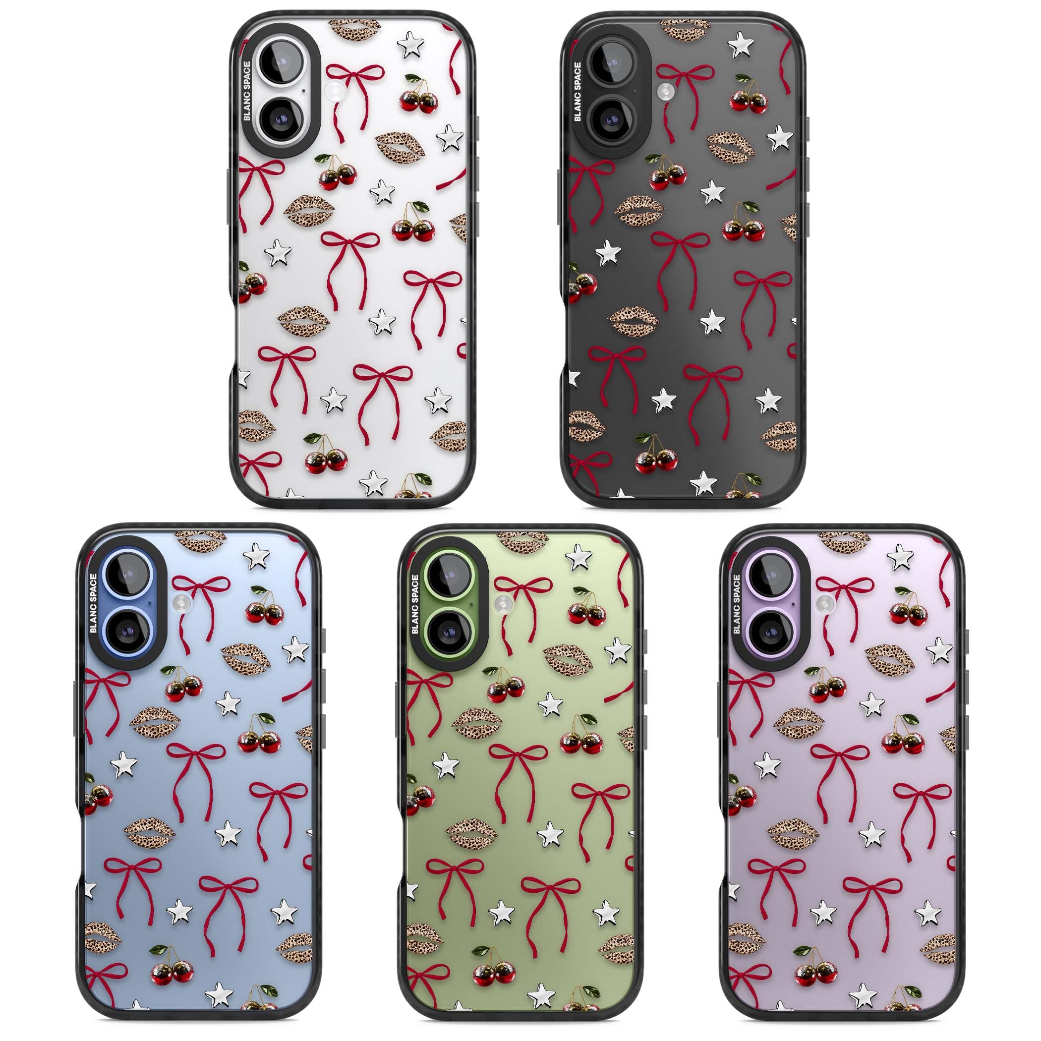 Starlet coquette iPhone case featuring red ribbon bows, disco cherries and leopard-print lips | Clear Impact case for iPhone 17