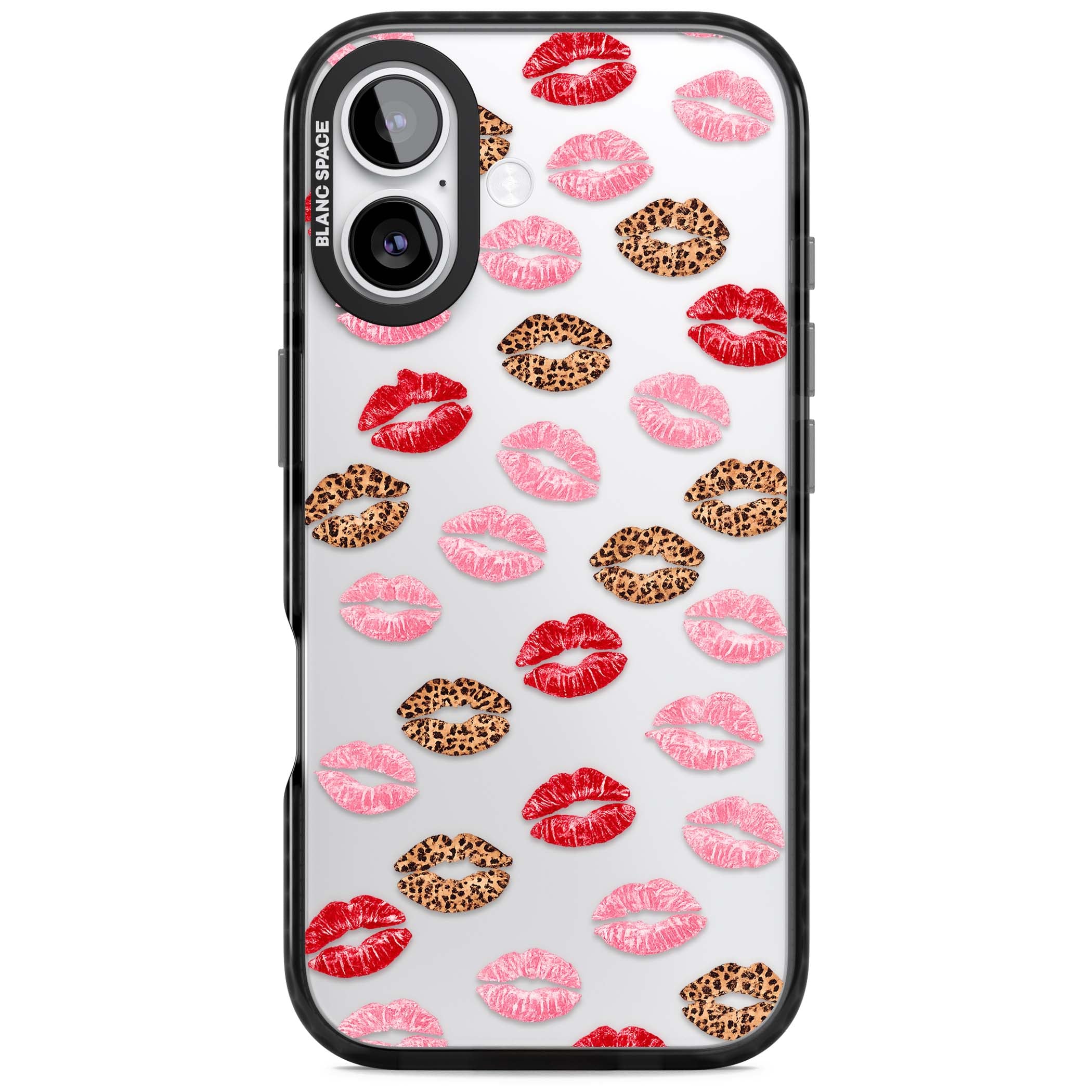 Wild Kisses coquette iPhone case featuring red, pink and leopard print lipstick kiss marks on a clear background | Clear Impact case for iPhone 17