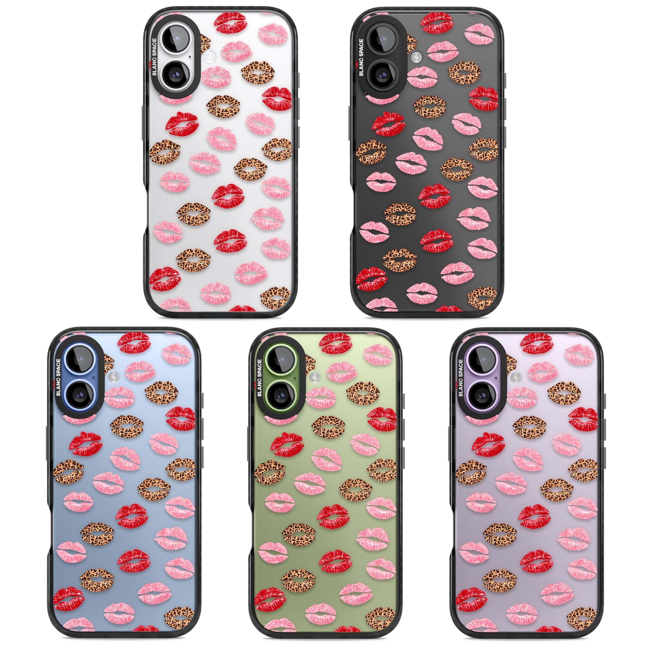 Wild Kisses coquette iPhone case featuring red, pink and leopard print lipstick kiss marks on a clear background | Clear Impact case for iPhone 17