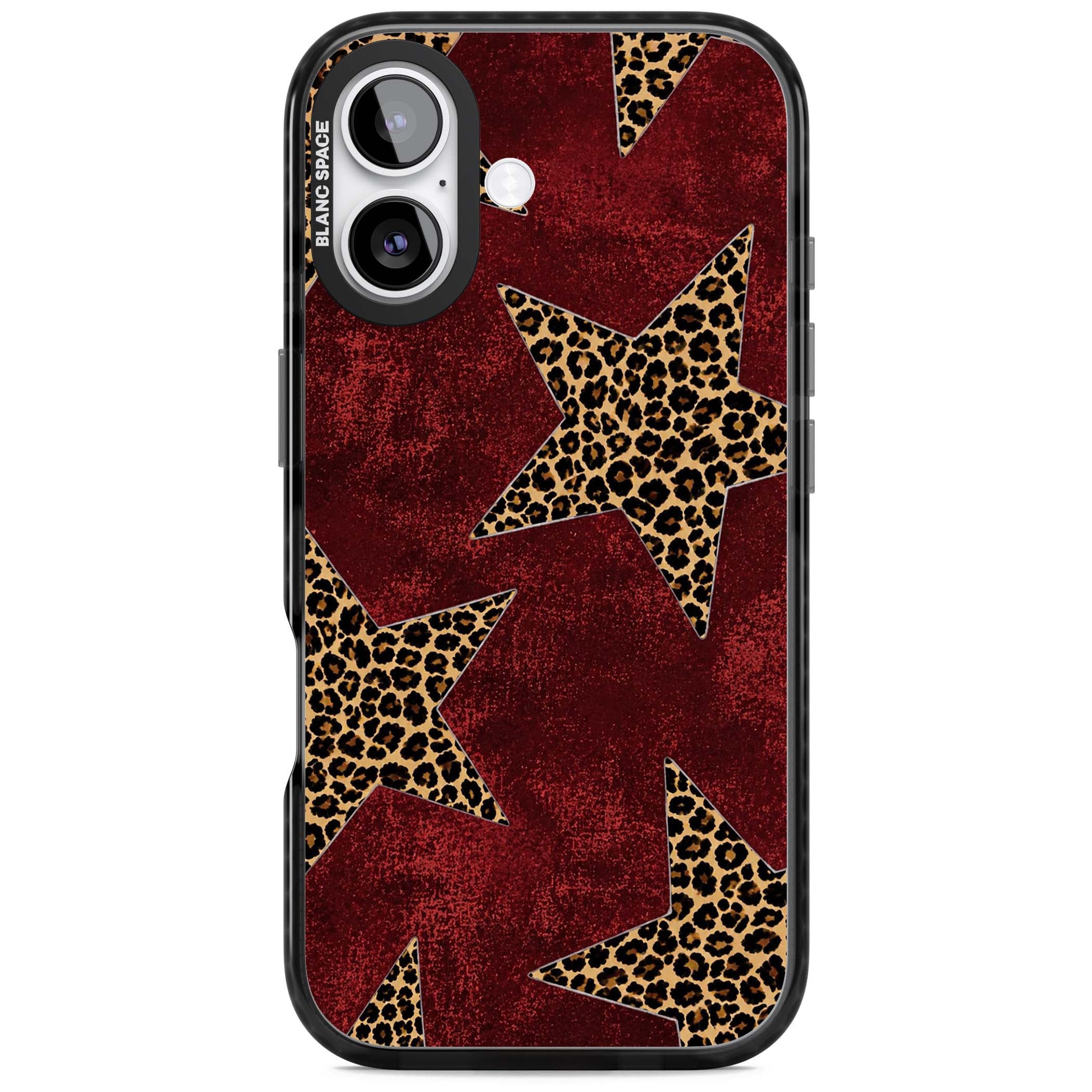 Showgirl leopard print iPhone case featuring cheetah print stars on distressed red grunge background | Clear Impact case for iPhone 17