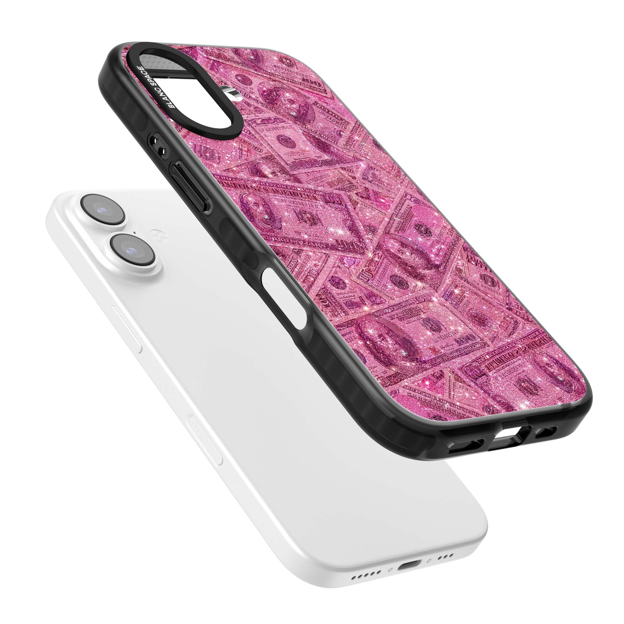 Glamorous baddie iPhone case featuring pink glitter hundred dollar bills and sparkling money wallpaper design | Clear Impact case for iPhone 17