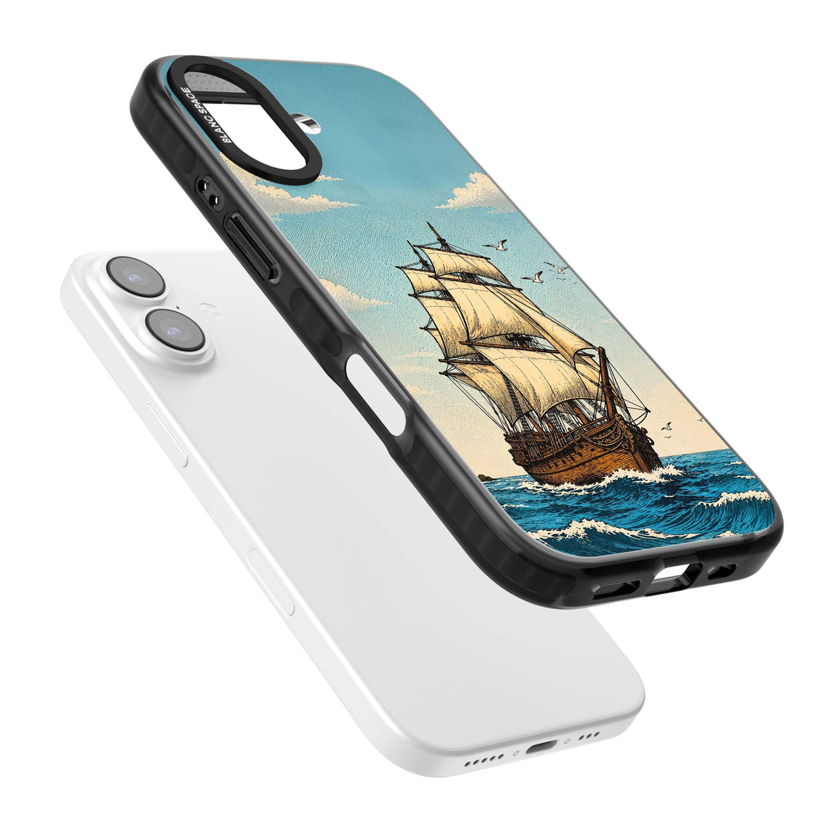 Ship at Sea nautical iPhone case featuring a vintage tall ship, ocean waves and seagulls | Clear Impact case for iPhone 17