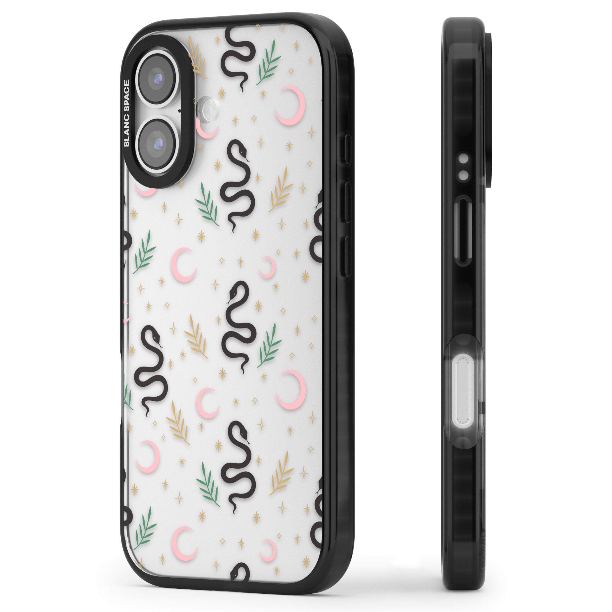 Snake & Moon Pattern iPhone 17 Impact Black Phone Case Side Profile