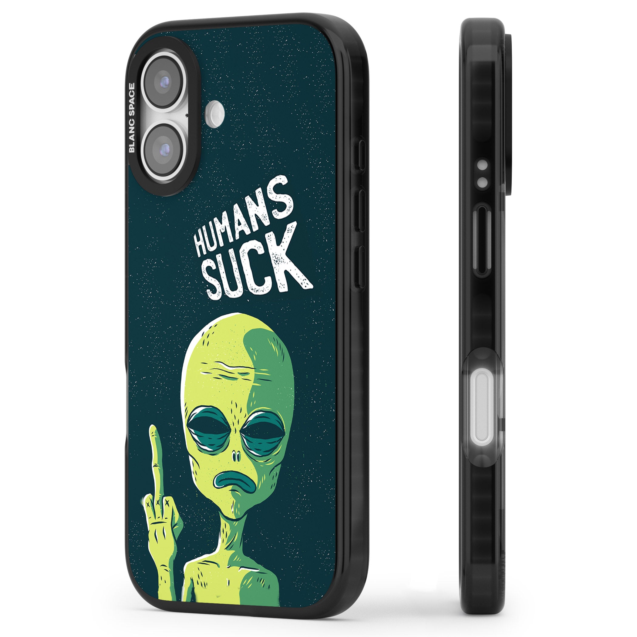 Humans Suck Alien iPhone 17 Impact Black Phone Case Side Profile