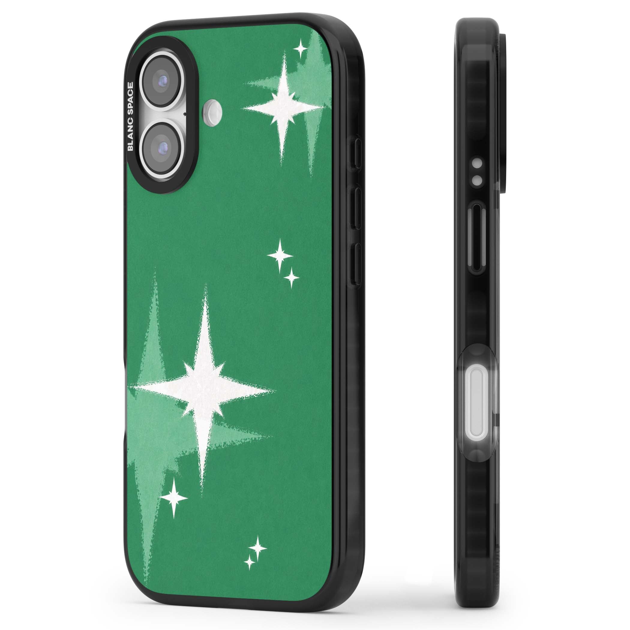 Green Sparkle celestial iPhone case featuring sparkling white four-point stars on a deep green background | Clear Impact case for iPhone 17
