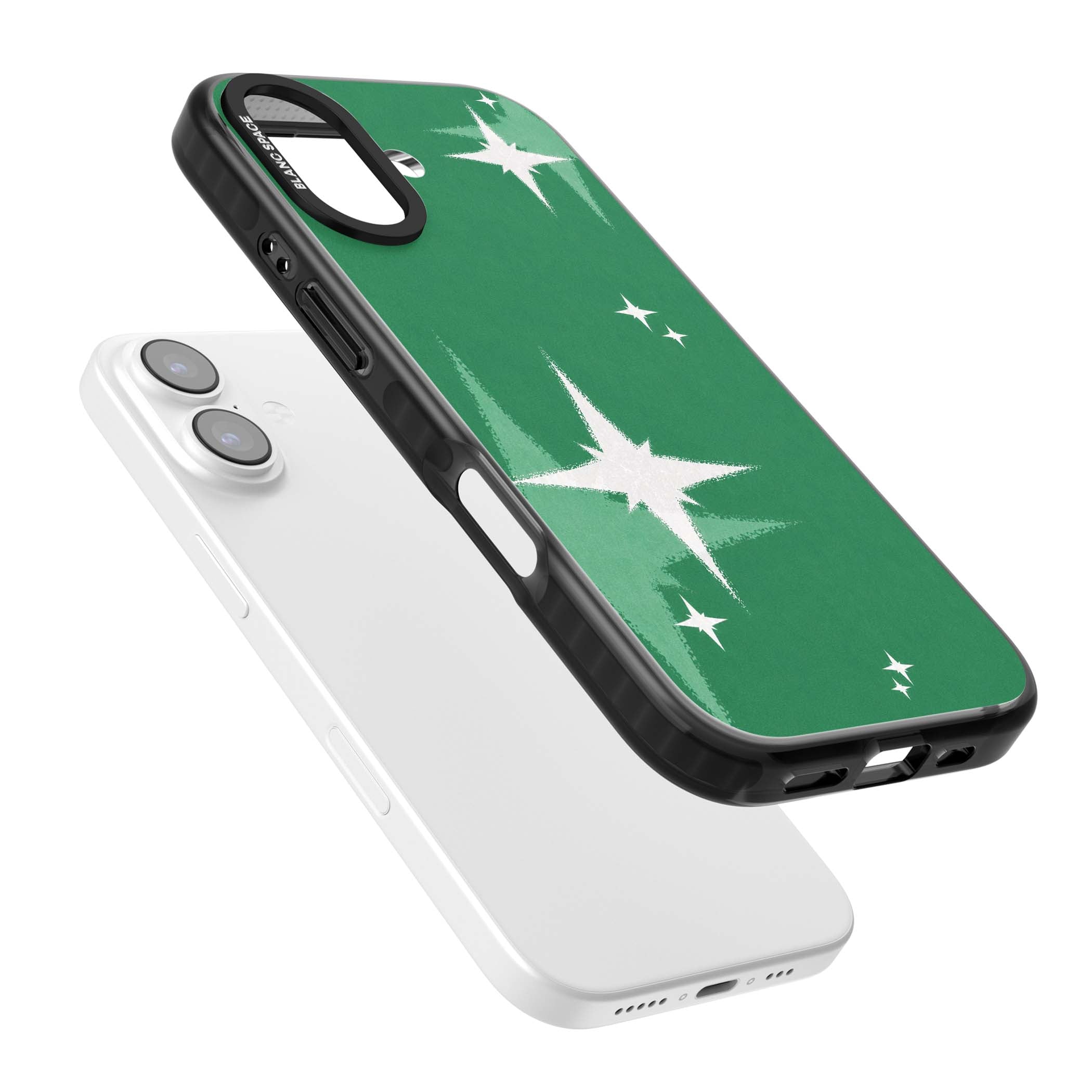 Green Sparkle celestial iPhone case featuring sparkling white four-point stars on a deep green background | Clear Impact case for iPhone 17