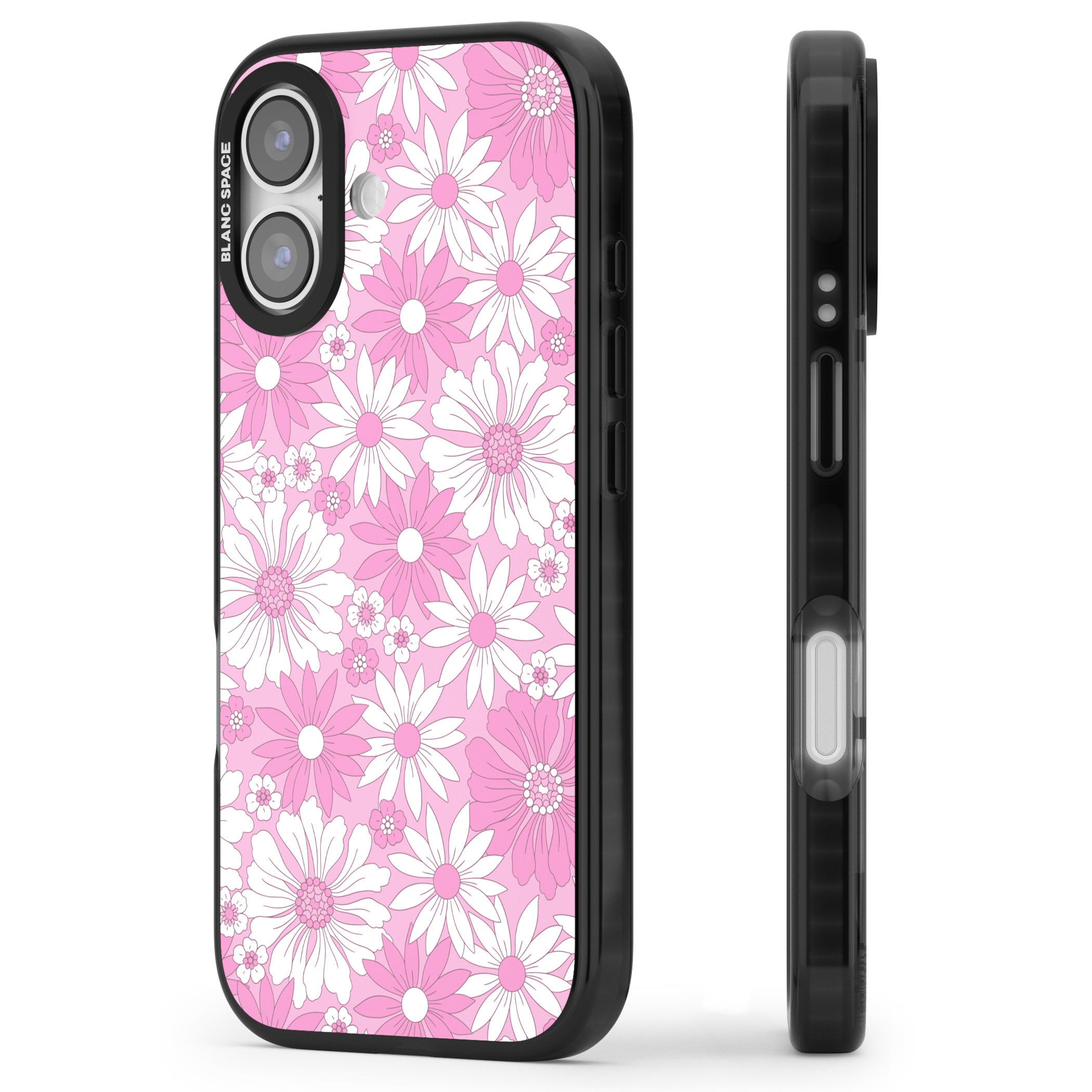 Pink White Flowers iPhone 17 Impact Black Phone Case Side Profile