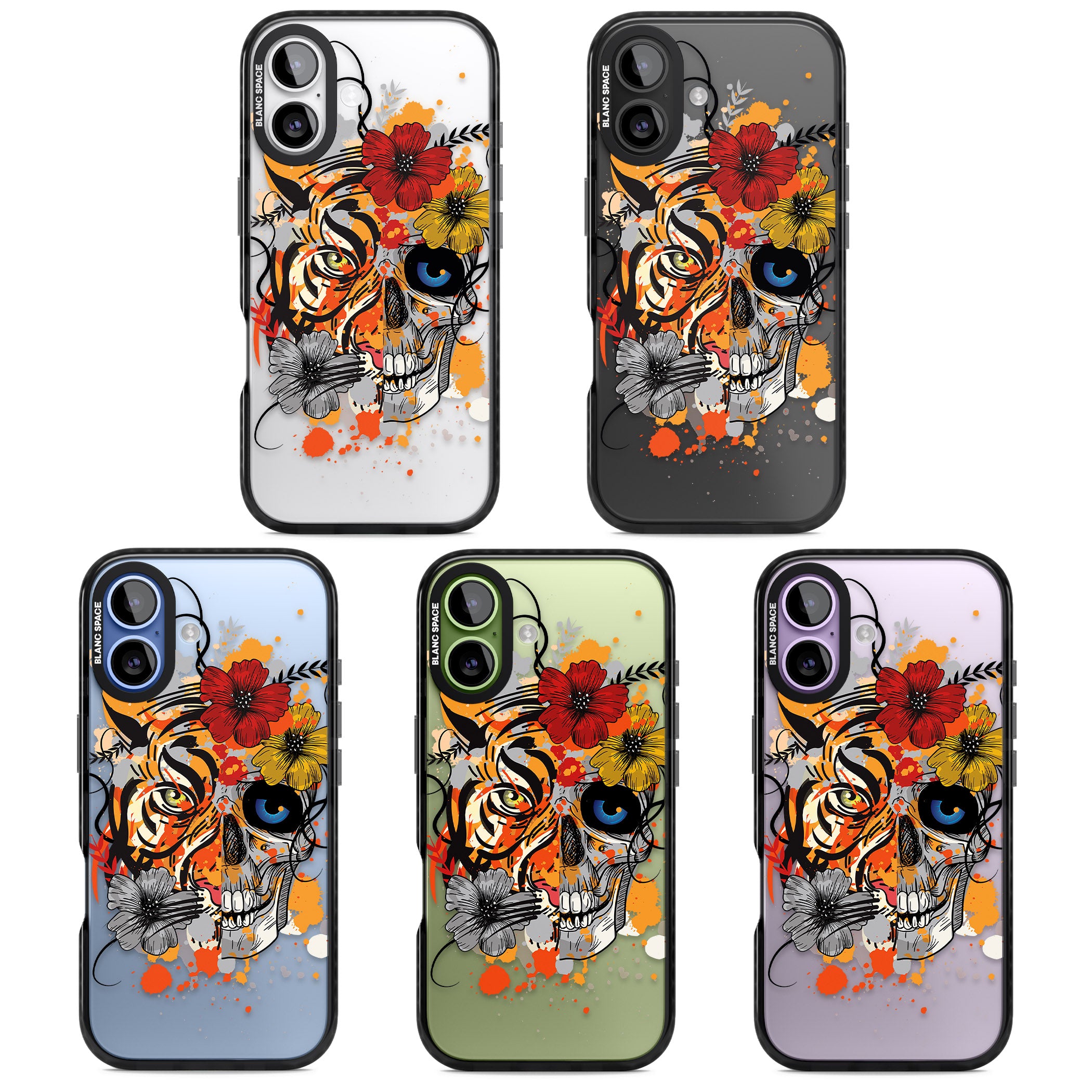 Sugar Skull Tiger Floral iPhone 17 Impact Black Phone Case APT Impact Protection