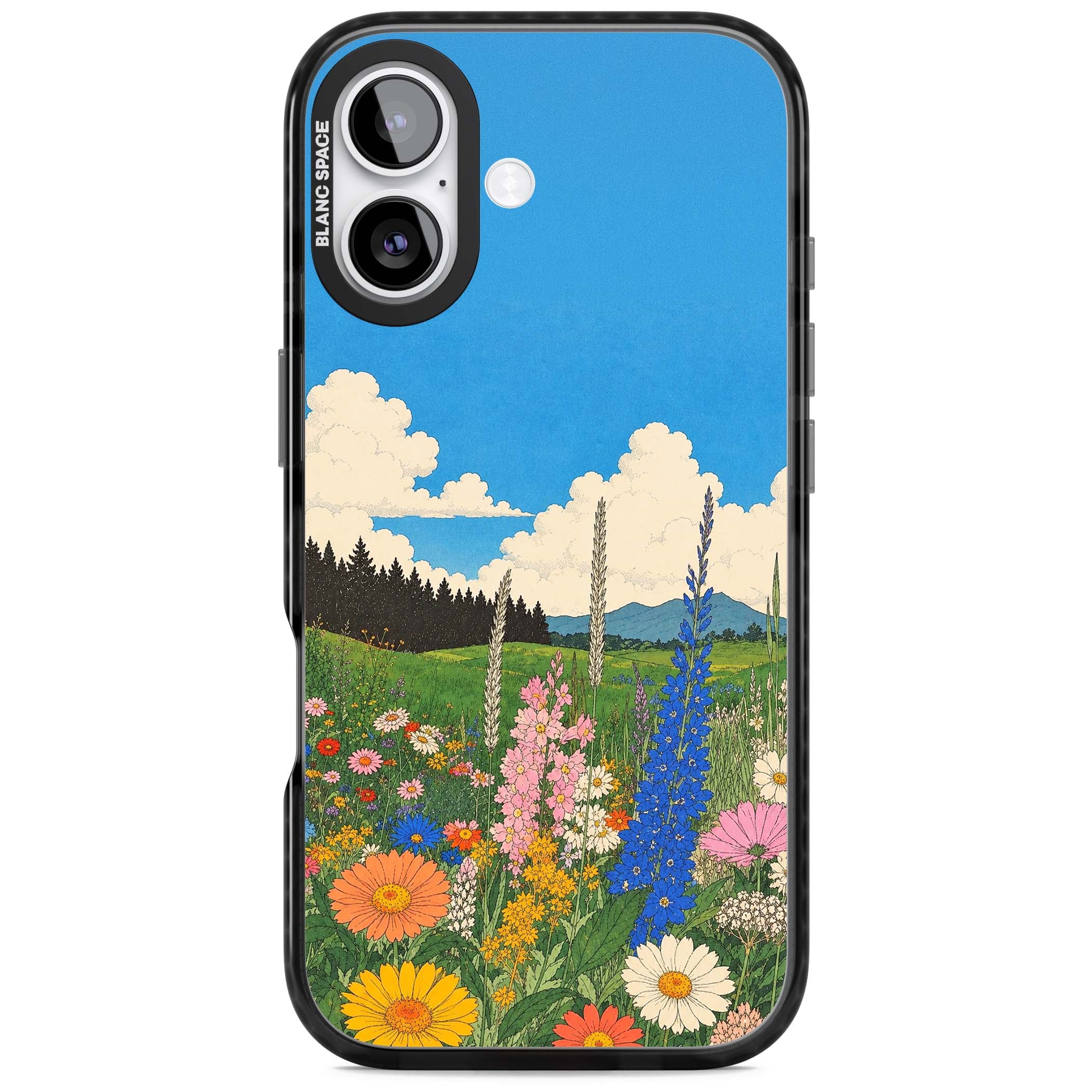 Wildbloom wildflower iPhone case featuring a vintage Japanese-style meadow landscape with daisies, delphiniums and moun | Clear Impact case for iPhone 17