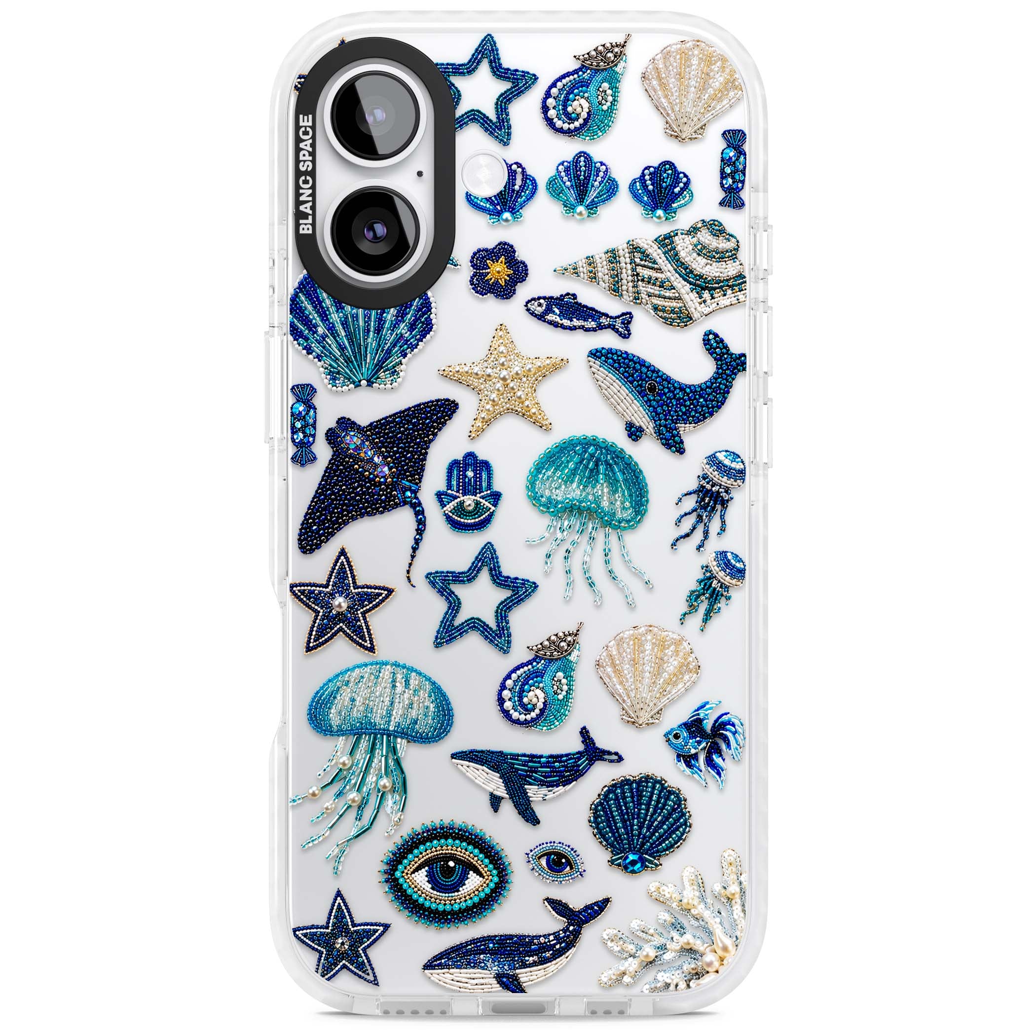 Beaded Coastal coastal iPhone case featuring embroidered seashells, jellyfish and a blue whale on clear | Black Impact case for iPhone 17