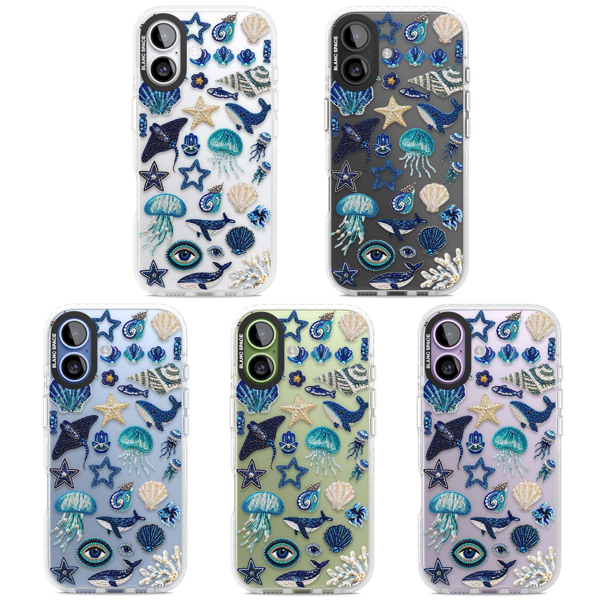 Beaded Coastal coastal iPhone case featuring embroidered seashells, jellyfish and a blue whale on clear | Black Impact case for iPhone 17