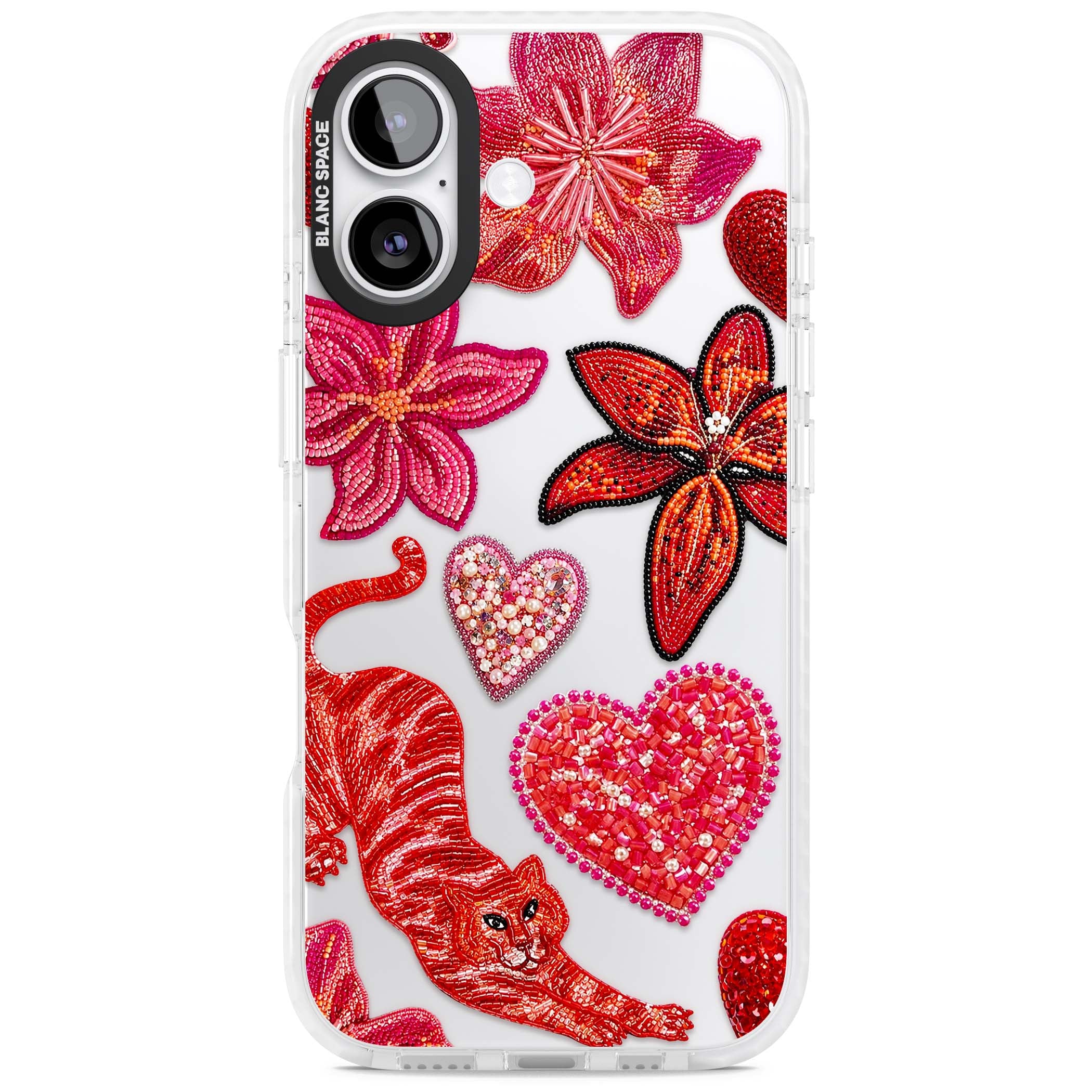 Beaded Boho floral iPhone case featuring beaded red lilies, a stitched tiger, and pearl-encrusted hearts on clear | Black Impact case for iPhone 17