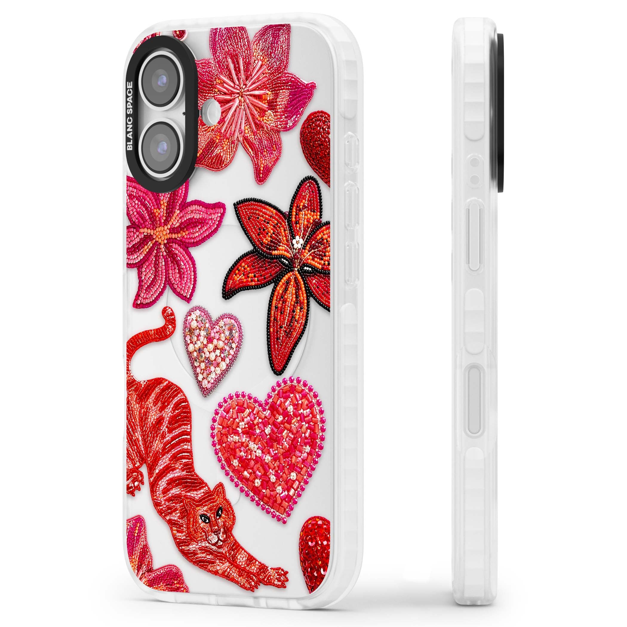 Beaded Boho floral iPhone case featuring beaded red lilies, a stitched tiger, and pearl-encrusted hearts on clear | Black Impact case for iPhone 17