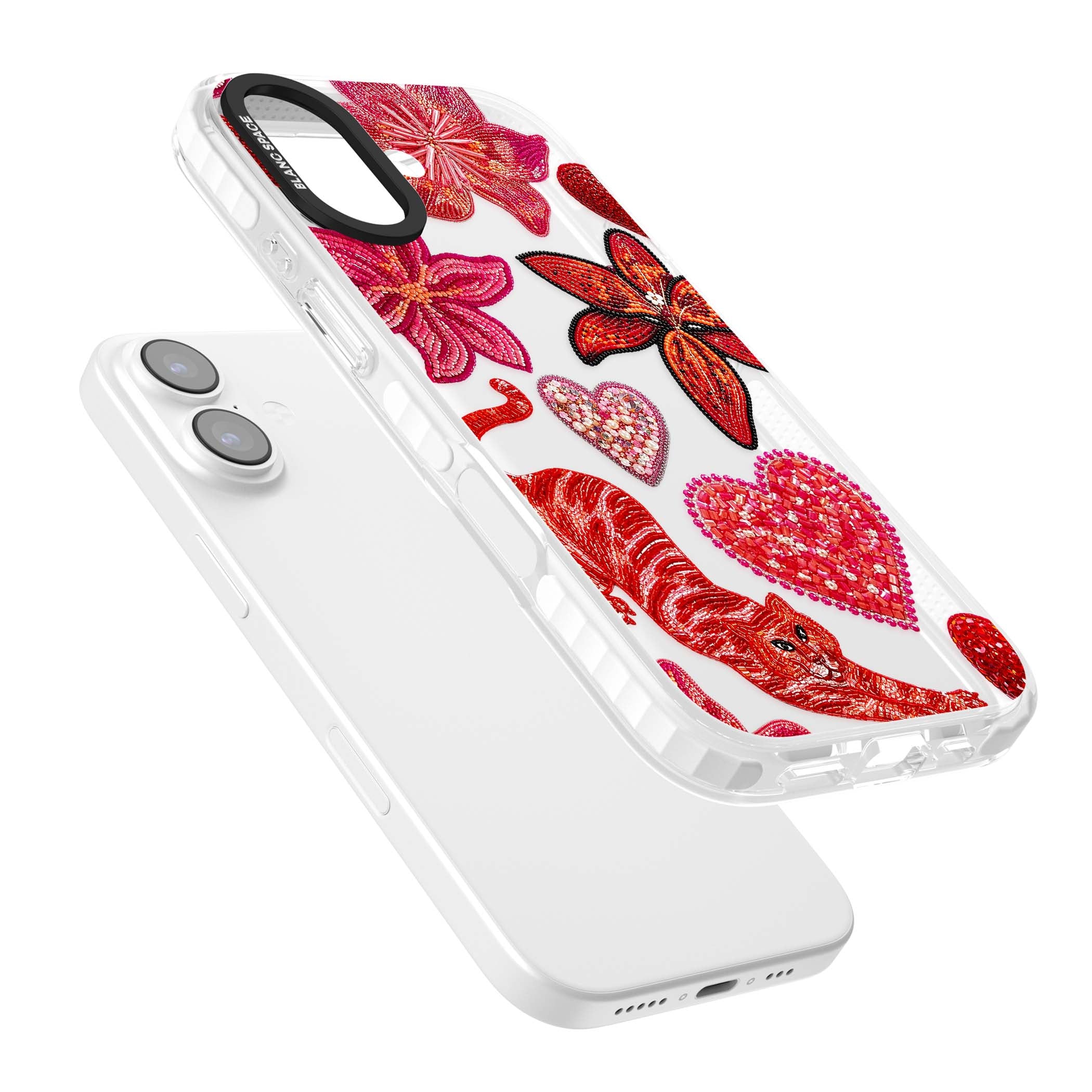 Beaded Boho floral iPhone case featuring beaded red lilies, a stitched tiger, and pearl-encrusted hearts on clear | Black Impact case for iPhone 17
