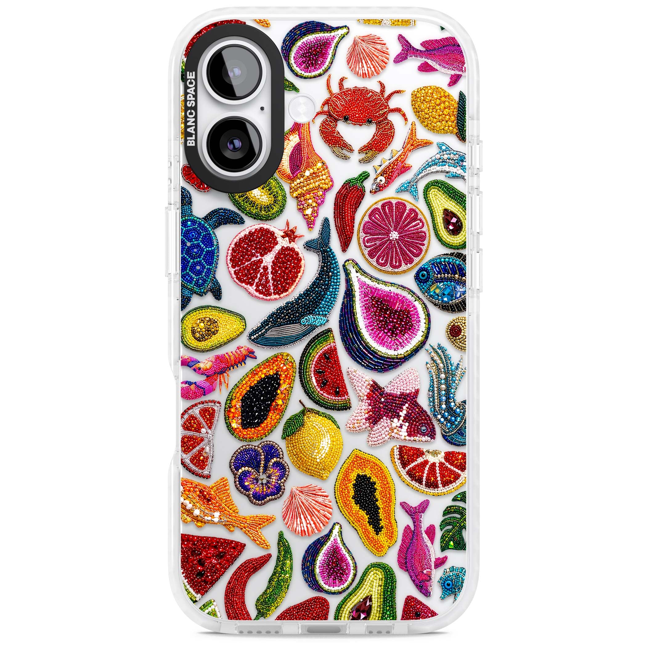 Beaded Tropic tropical iPhone case featuring beaded fruit, fish, crabs and seashells in vibrant colour | Black Impact case for iPhone 17