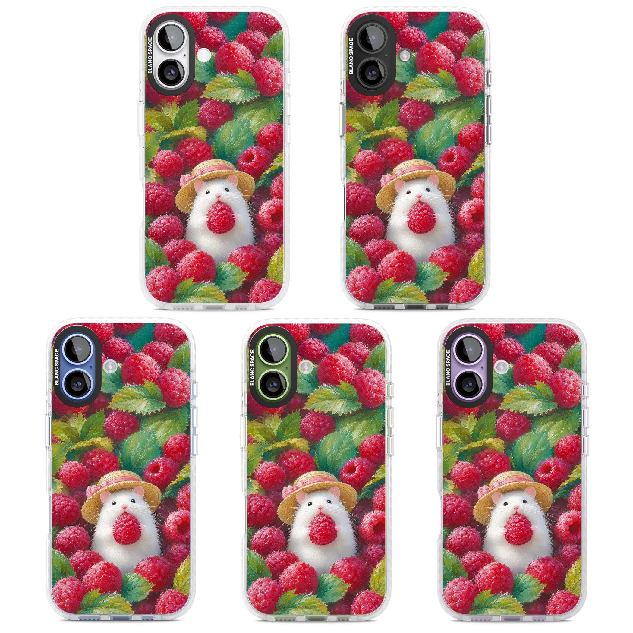 Berry Forager cottagecore iPhone case featuring a white hamster in a straw hat holding a raspberry surrounded by ripe ber | Black Impact case for iPhone 17