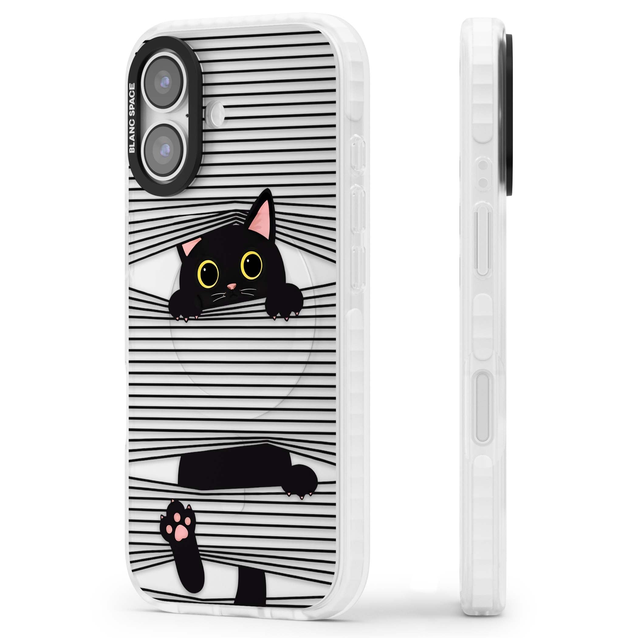 Peek-a-Boo Cat minimal iPhone case featuring black cat peeking through horizontal black and white stripes | Black Impact case for iPhone 17