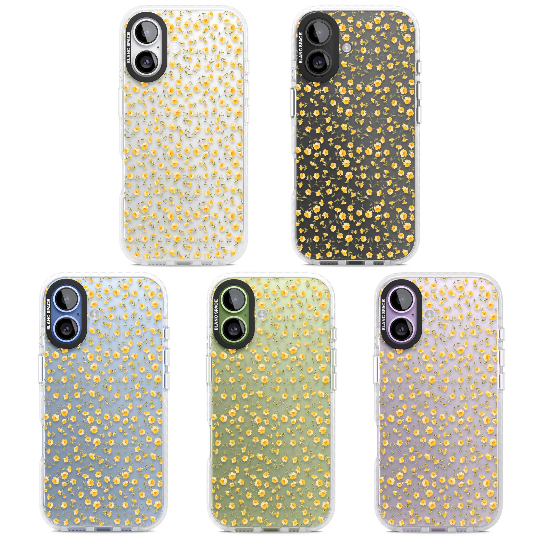 Buttercup wildflower iPhone case featuring tiny yellow flowers and trailing green vines on clear | Black Impact case for iPhone 17