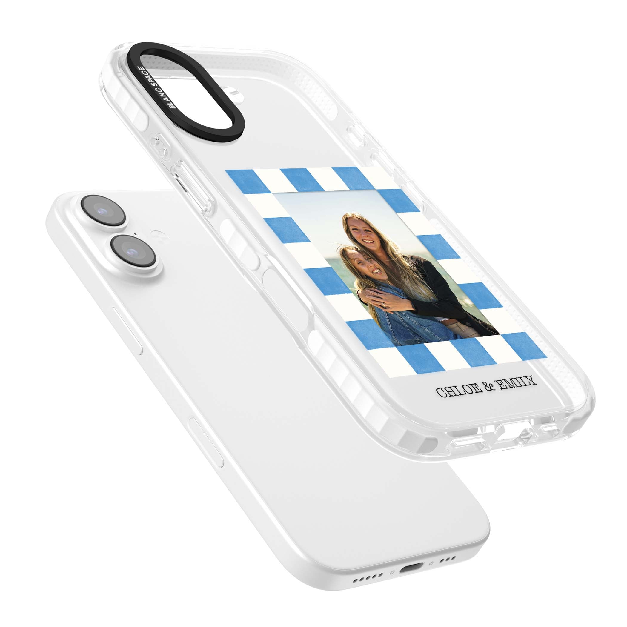 Blue Check Photo personalised photo iPhone case with blue checkered frame and custom couple names | Black Impact case for iPhone 17