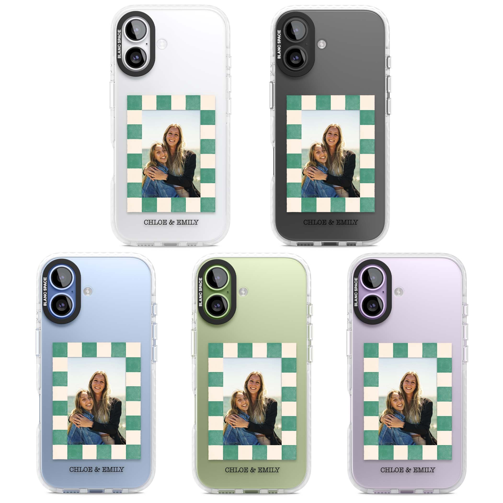 Seafoam Check Photo personalised iPhone case featuring a custom polaroid photo, green and cream checkered frame, and custom n | Black Impact case for iPhone 17