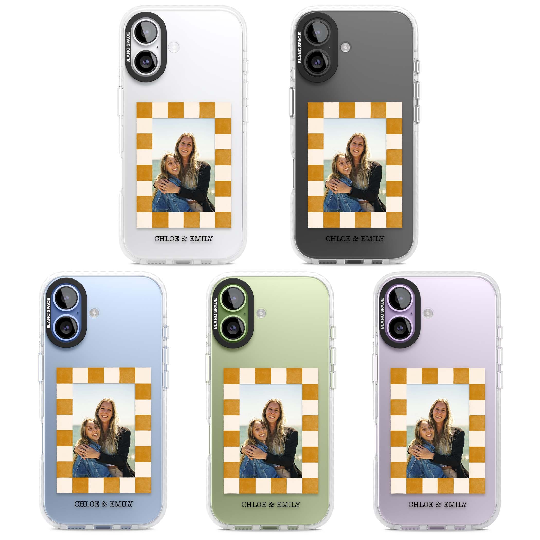 Citrus Check Photo personalised iPhone case with custom photo, orange checkered frame and names underneath | Black Impact case for iPhone 17