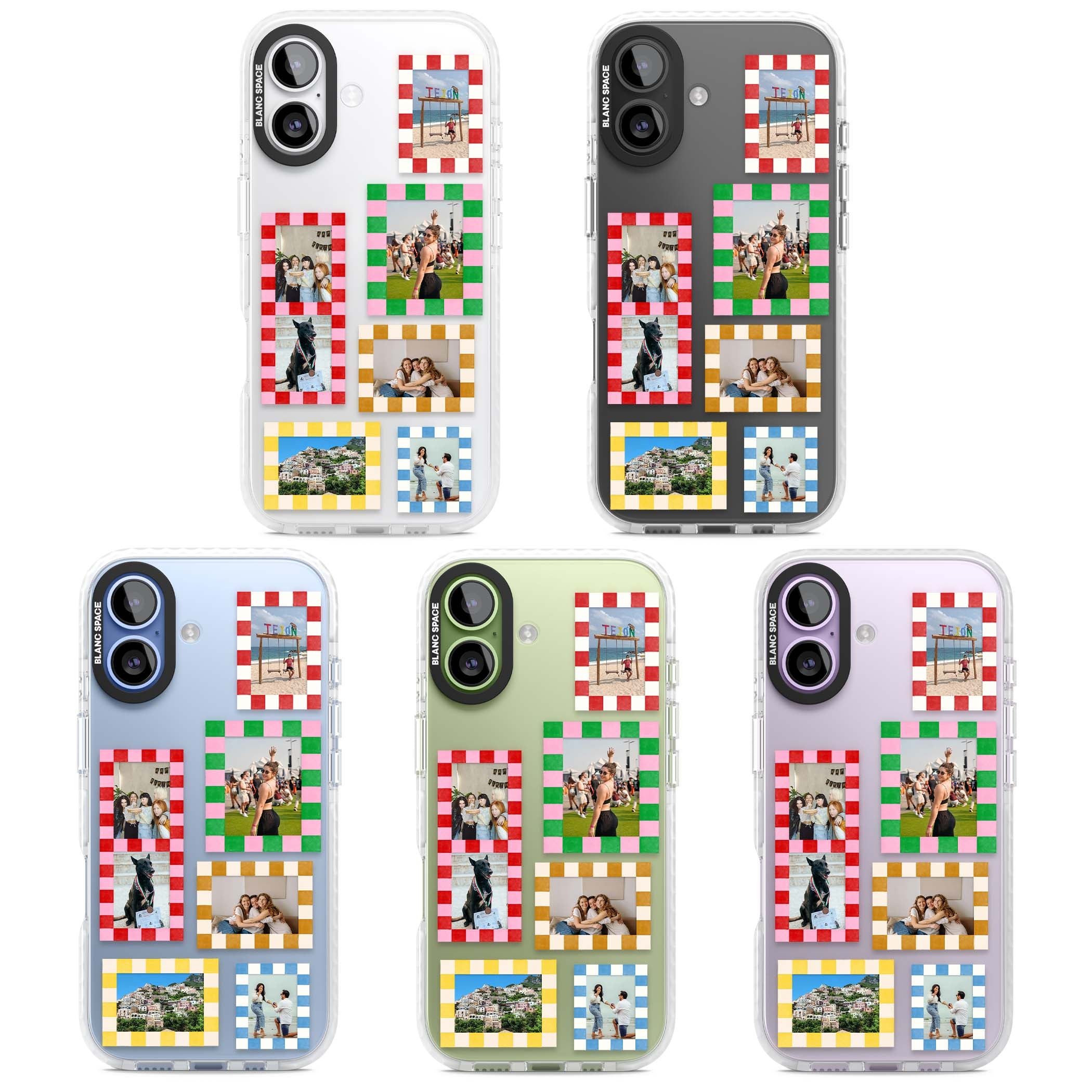 Italian Check Frames custom photo collage iPhone case featuring six checkered photo frames in red, green, pink and  | Black Impact case for iPhone 17