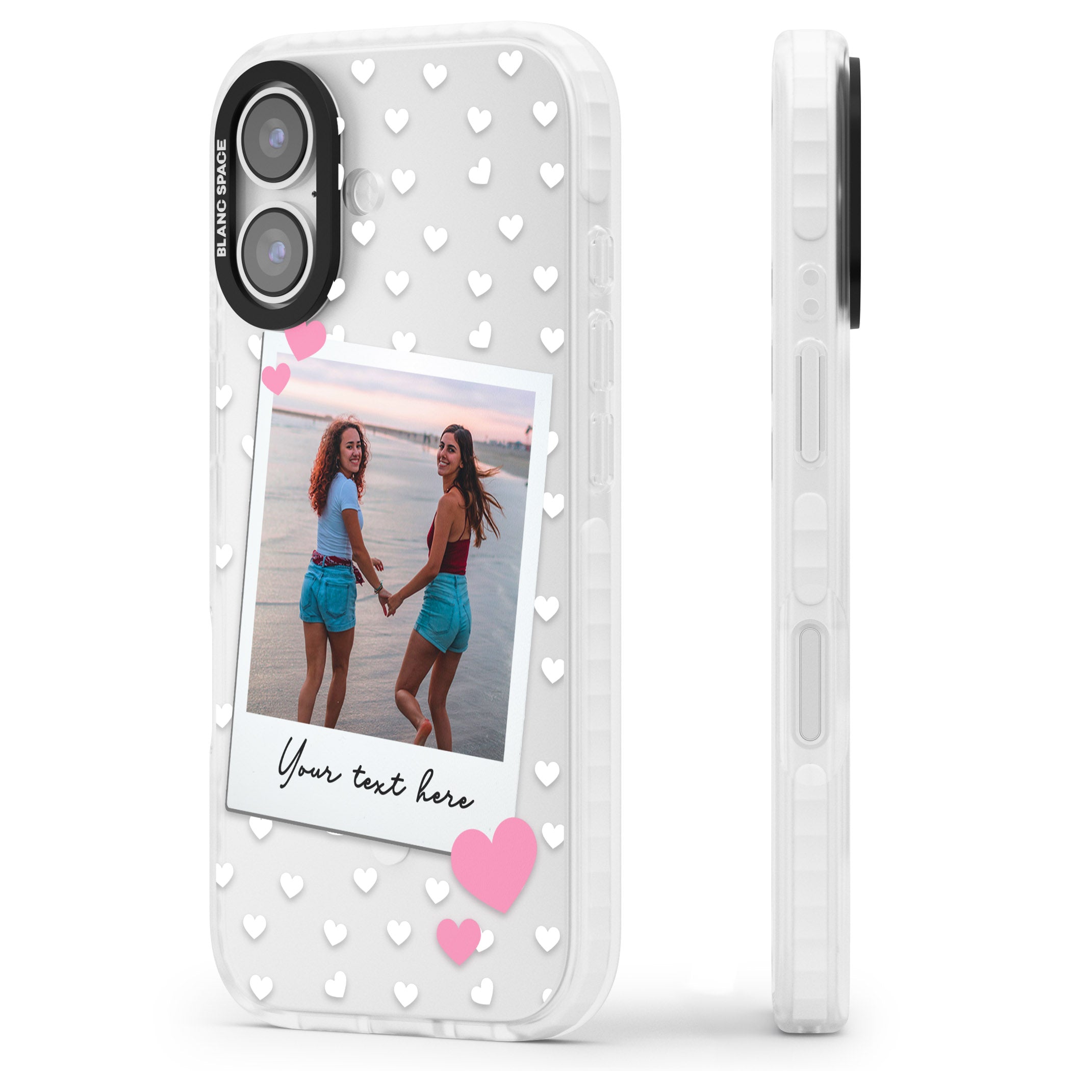 Personalised Hearts Instant Camera Photo iPhone 17 Impact Clear Phone Case Side Profile