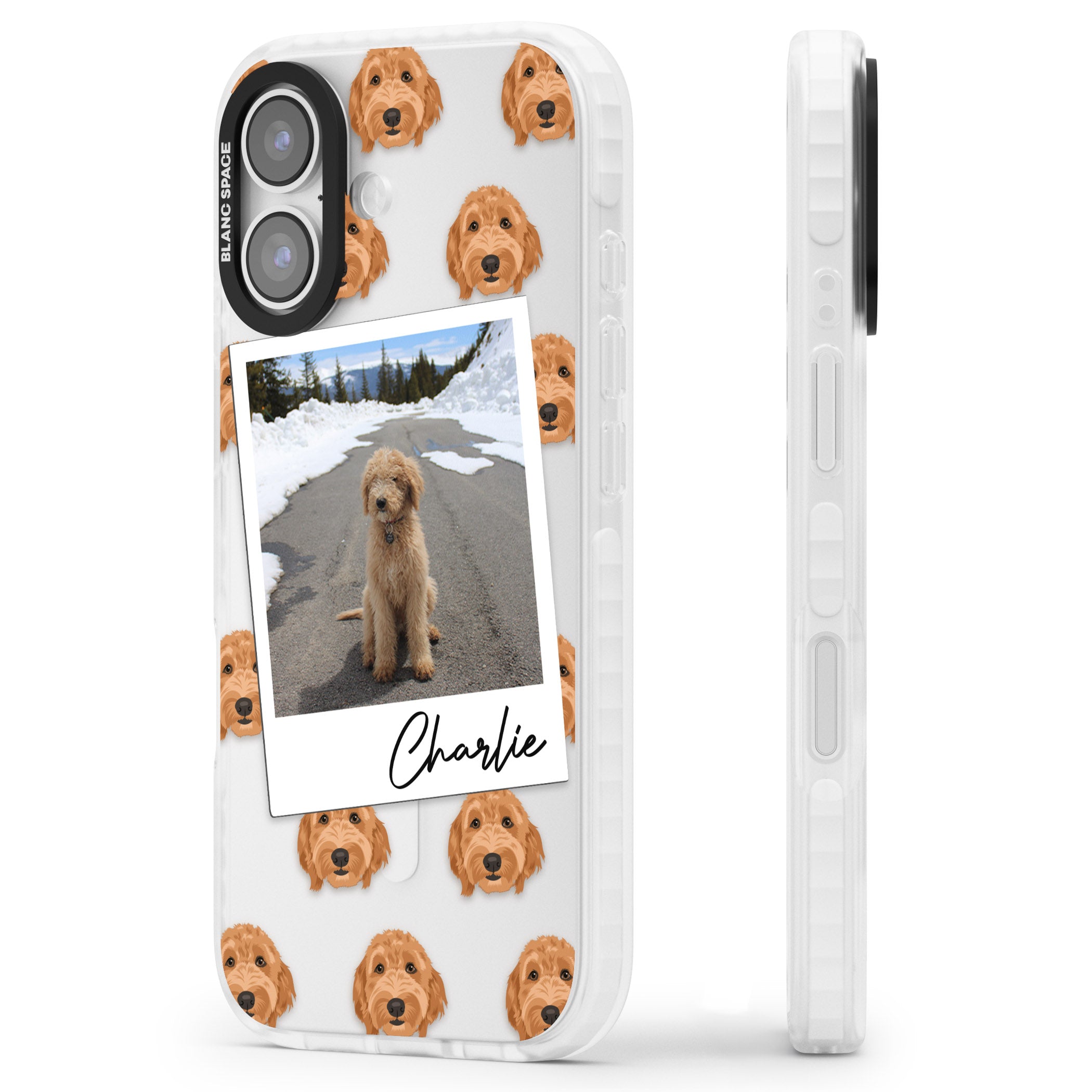 Personalised Golden Doodle Dog Photo iPhone 17 Impact Clear Phone Case Side Profile