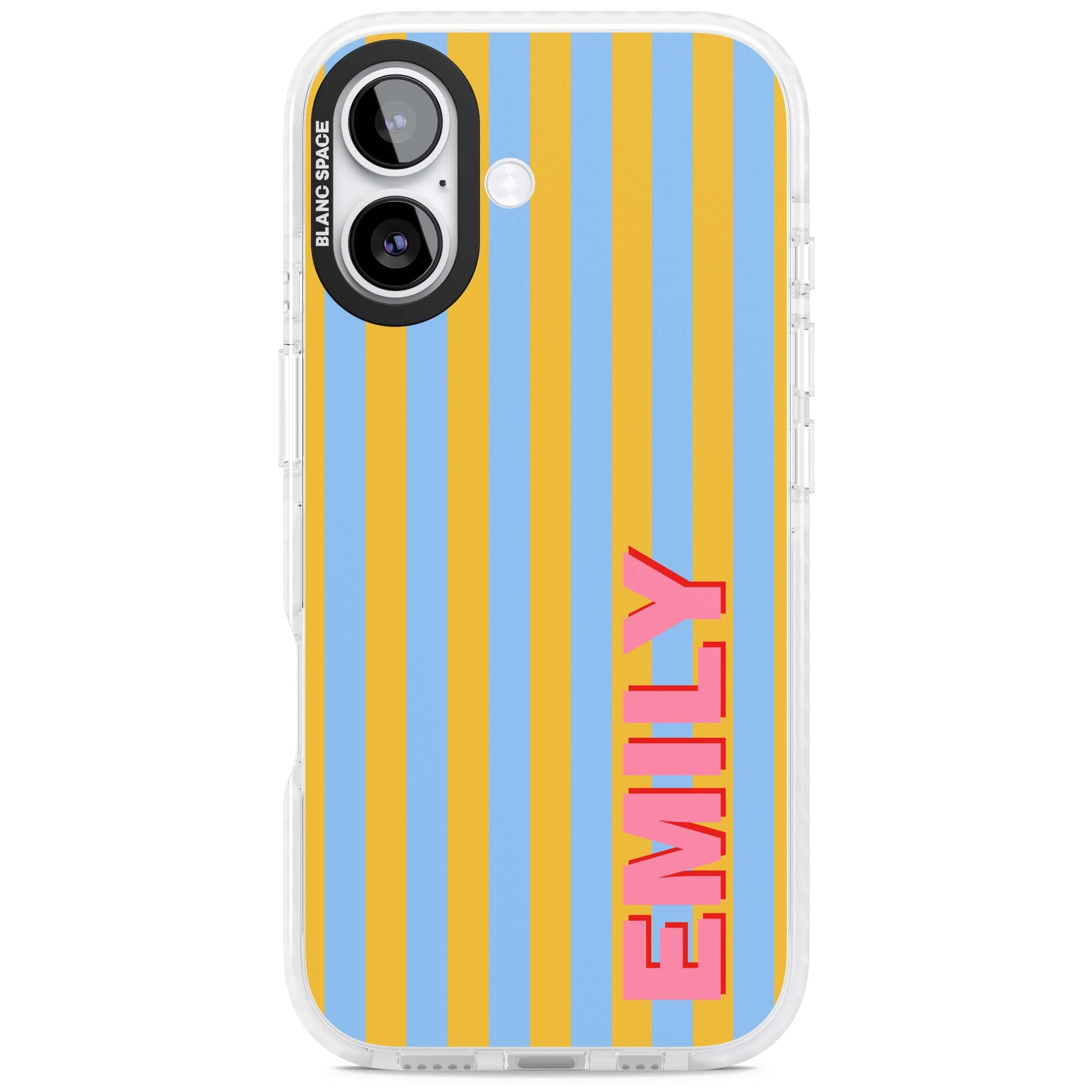 Carribean Stripe personalised coastal iPhone case with yellow and blue vertical stripes and a custom pink name | Black Impact case for iPhone 17