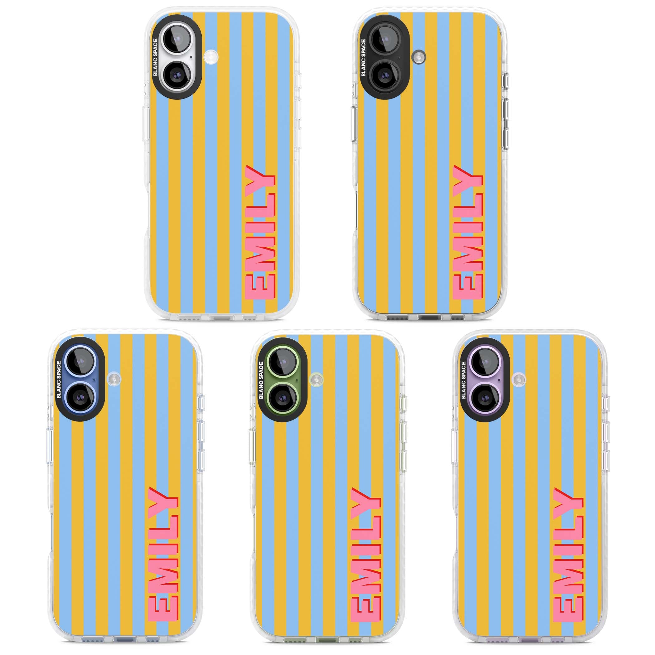 Carribean Stripe personalised coastal iPhone case with yellow and blue vertical stripes and a custom pink name | Black Impact case for iPhone 17