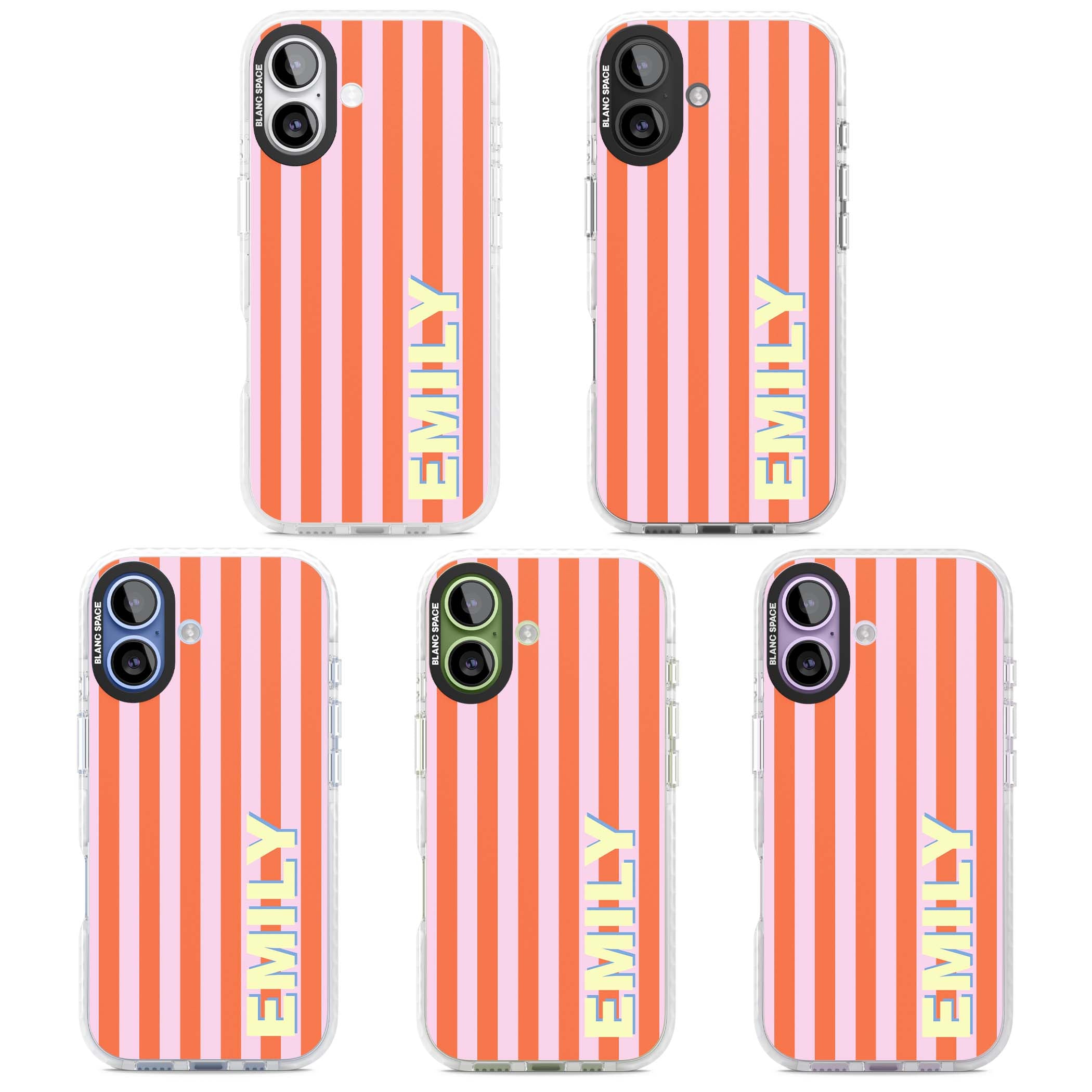 Havana Stripe personalised iPhone case featuring pink and orange vertical stripes with a custom yellow name | Black Impact case for iPhone 17