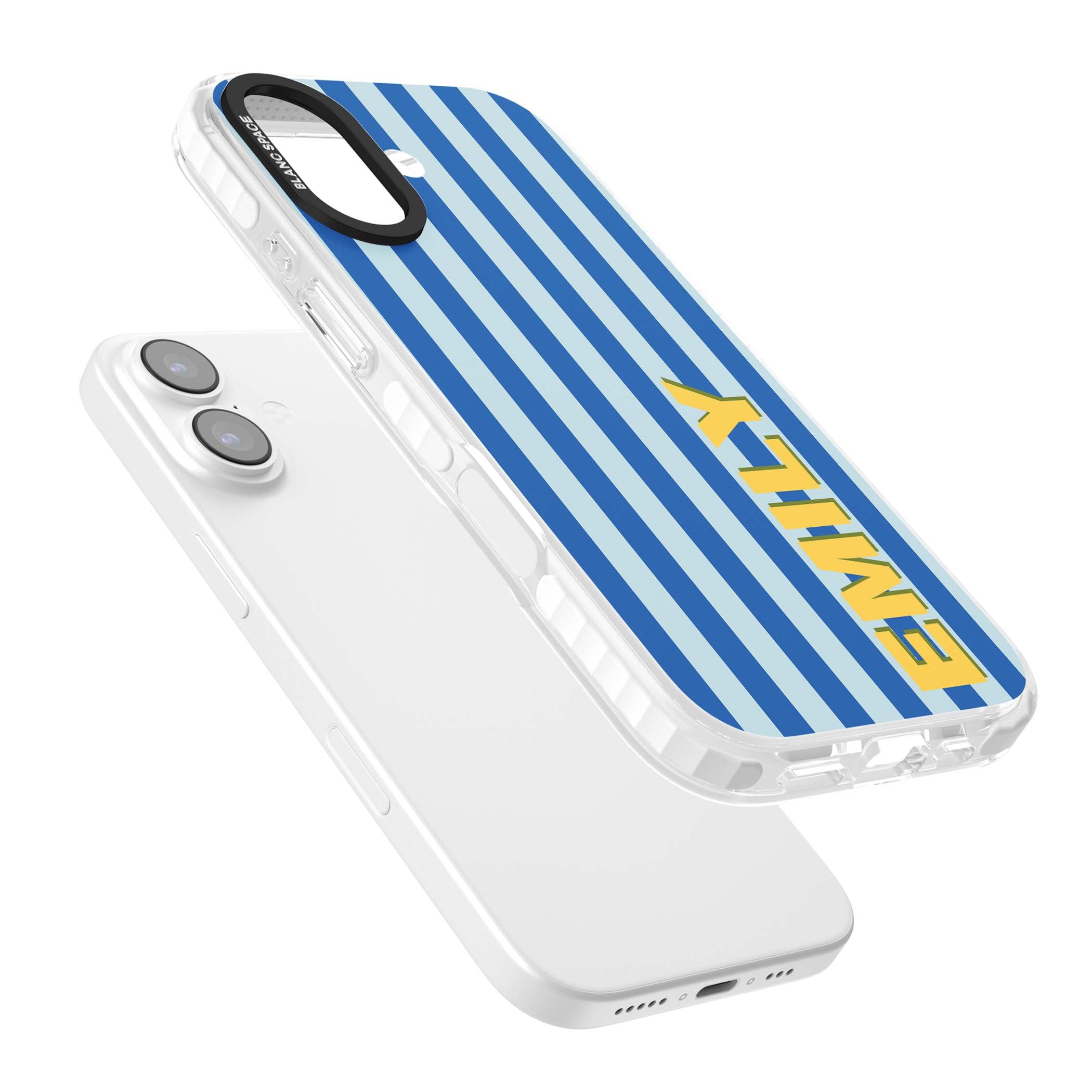 Athenian Stripe personalised preppy iPhone case featuring blue vertical stripes and a custom yellow name | Black Impact case for iPhone 17