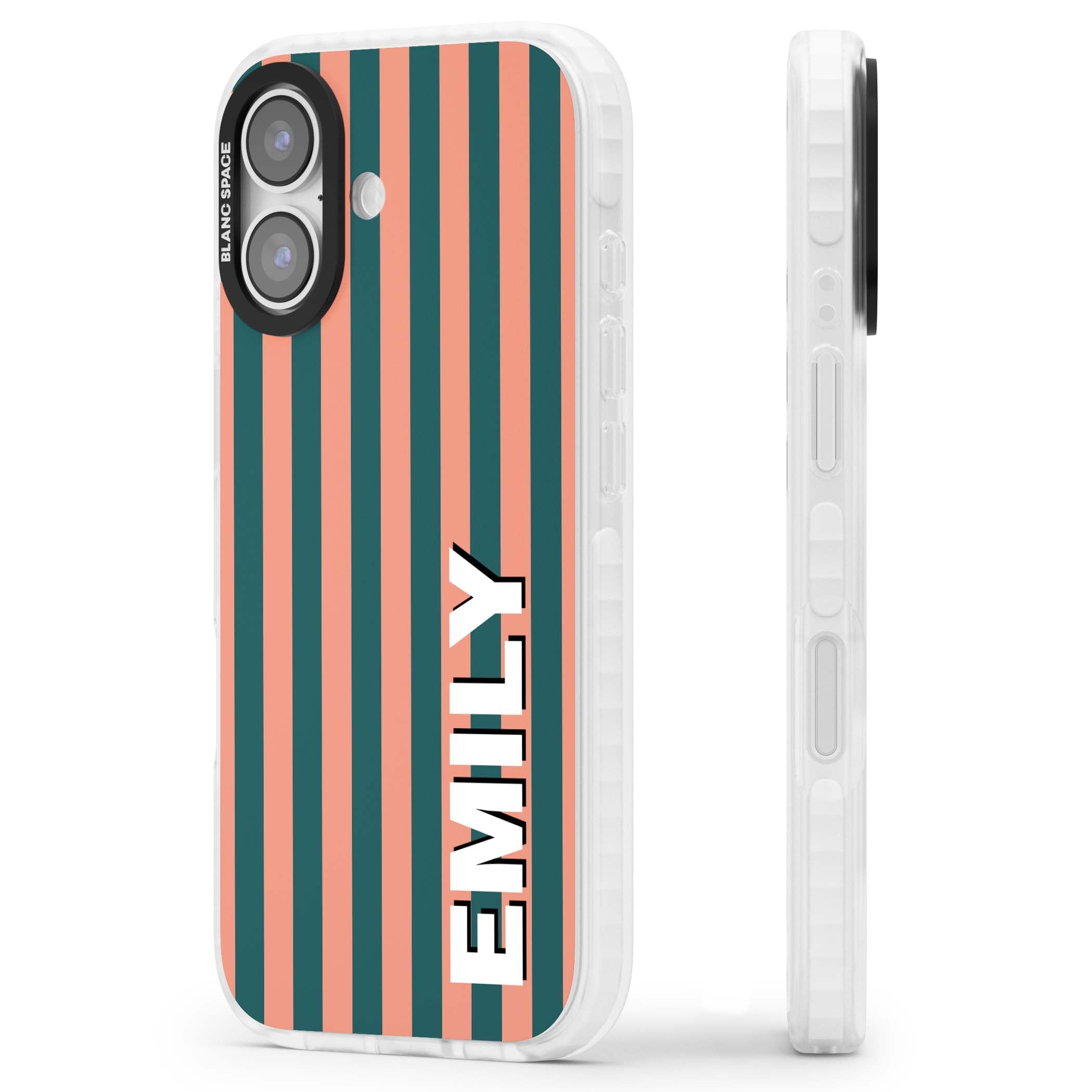 Tuscan Stripe personalised iPhone case featuring coral and green vertical stripes with bold custom name | Black Impact case for iPhone 17