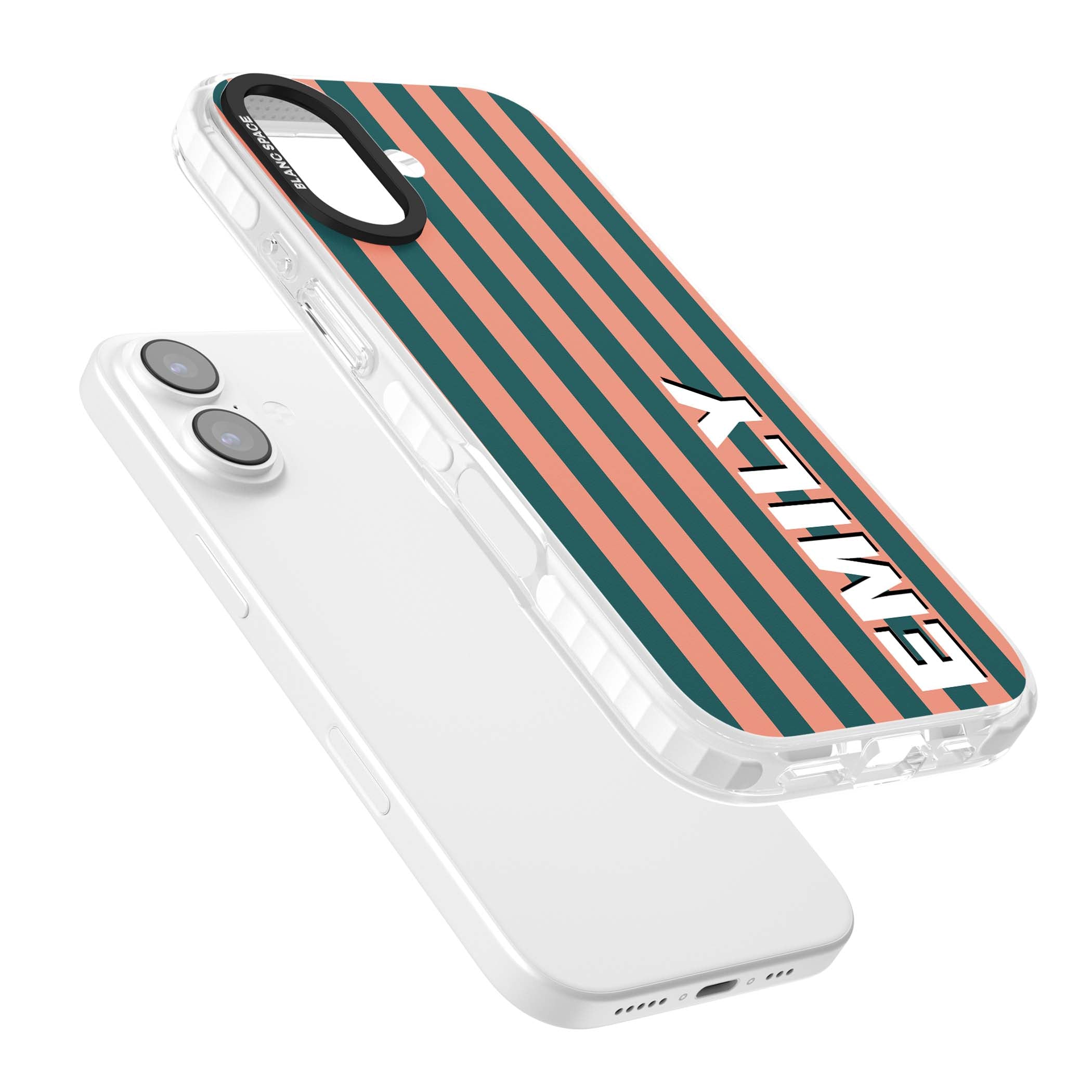 Tuscan Stripe personalised iPhone case featuring coral and green vertical stripes with bold custom name | Black Impact case for iPhone 17
