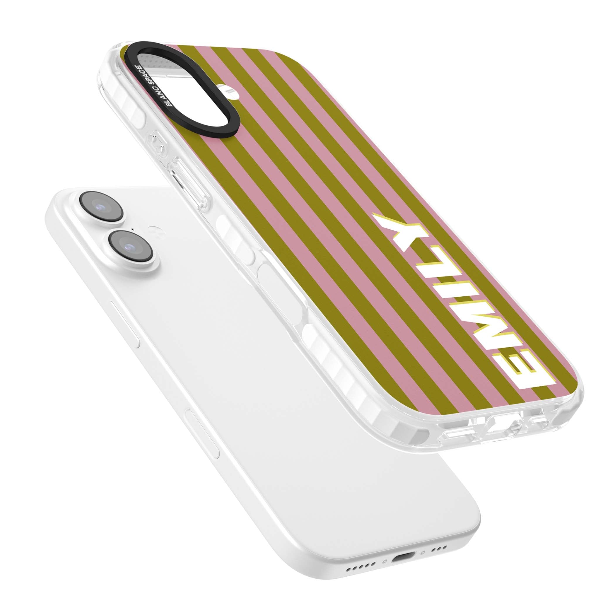 Istanbul Stripe personalised iPhone case featuring pink and olive green vertical stripes with a custom vertical name | Black Impact case for iPhone 17