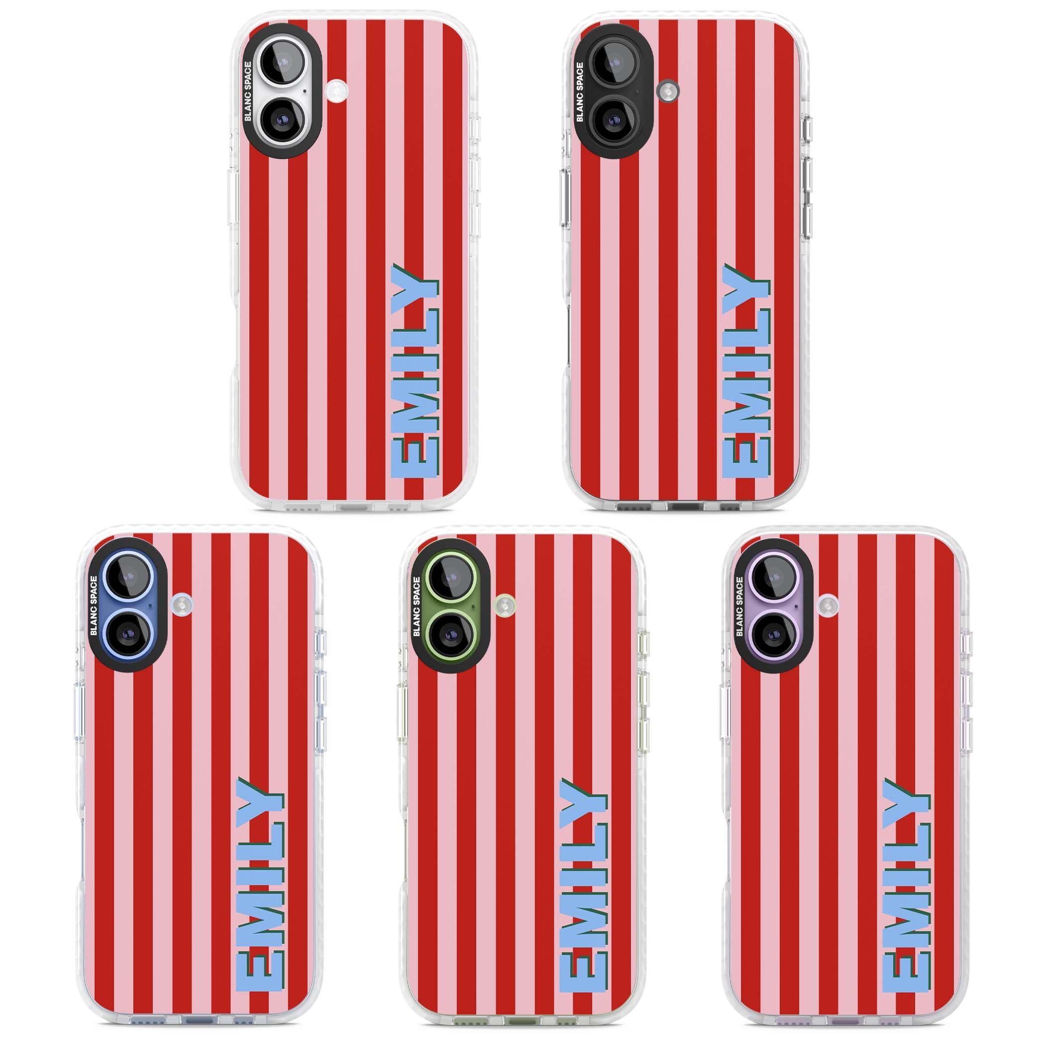 Market Stripe personalised iPhone case with red and pink vertical stripes and custom blue name | Black Impact case for iPhone 17
