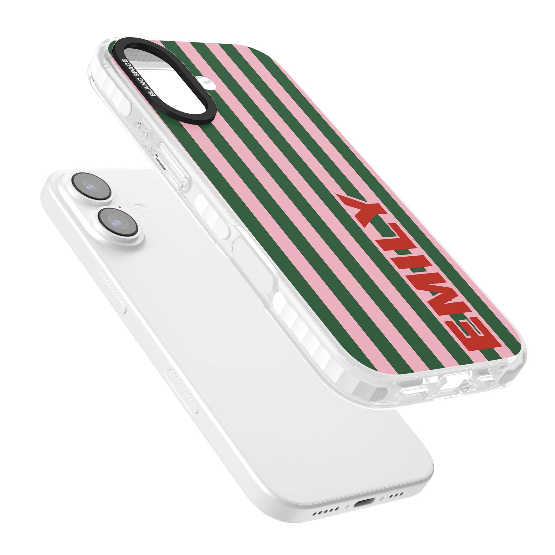 Italian Stripe preppy iPhone case featuring pink and green vertical stripes with personalised red name | Black Impact case for iPhone 17
