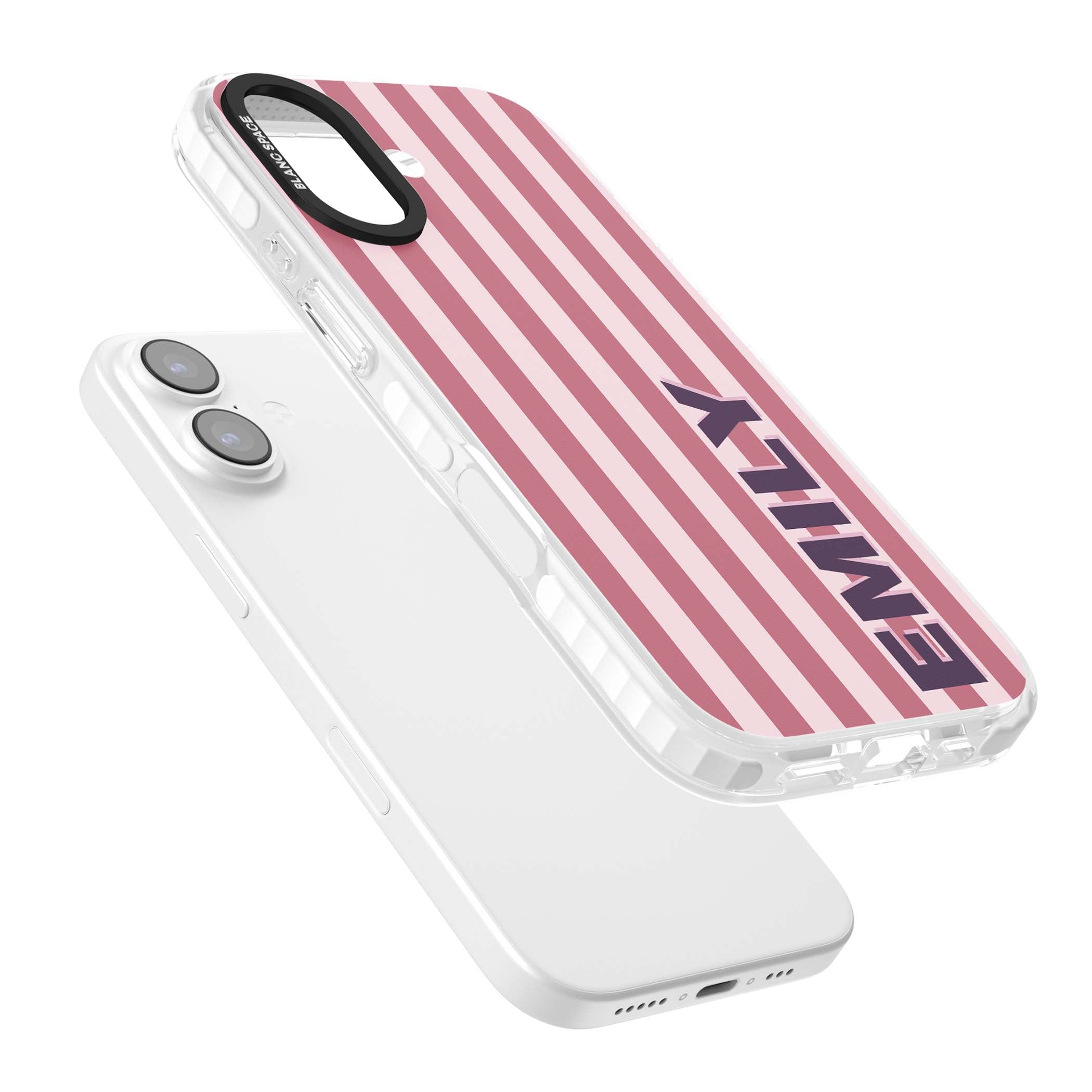 Victoria Stripe personalised iPhone case featuring pink vertical stripes and custom name in bold plum lettering | Black Impact case for iPhone 17