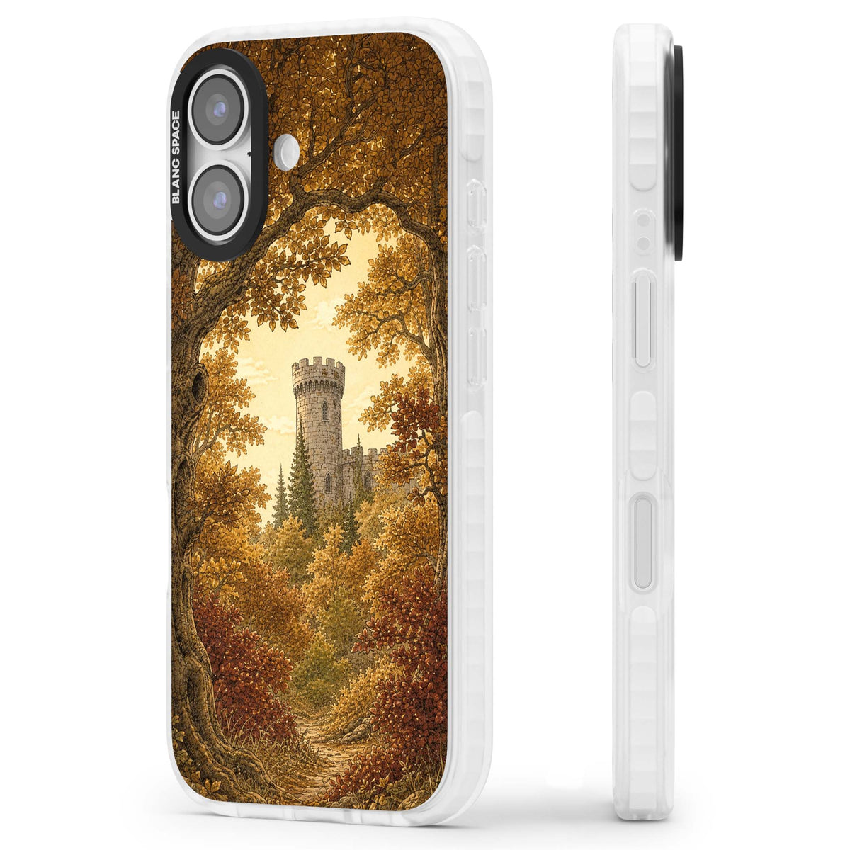 Autumn Keep cottagecore iPhone case featuring a medieval castle tower framed by golden autumn trees and woodland foliage | Black Impact case for iPhone 17