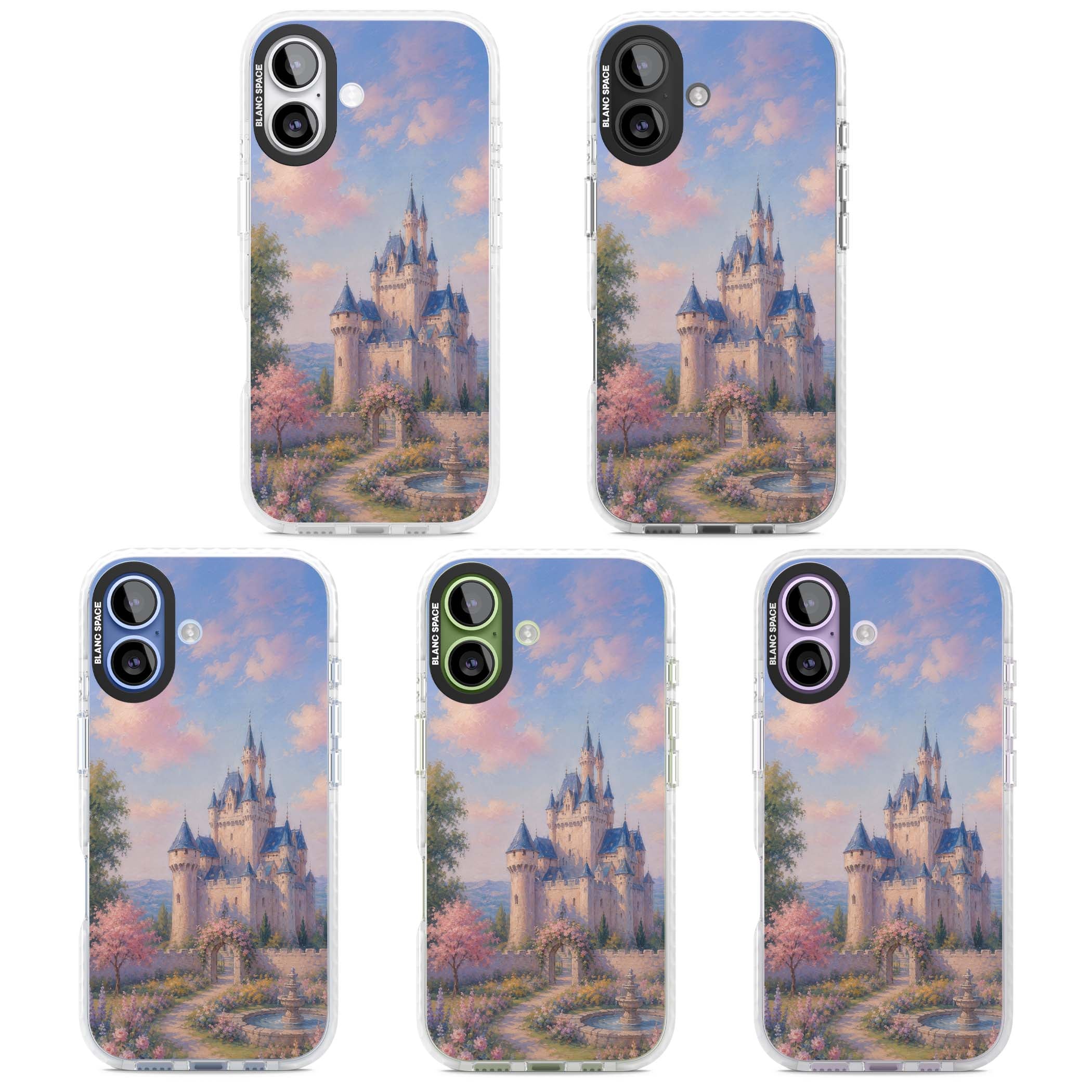 Enchanted Kingdom fairytale iPhone case featuring a romantic castle painting with cherry blossoms and pastel pink sky | Black Impact case for iPhone 17