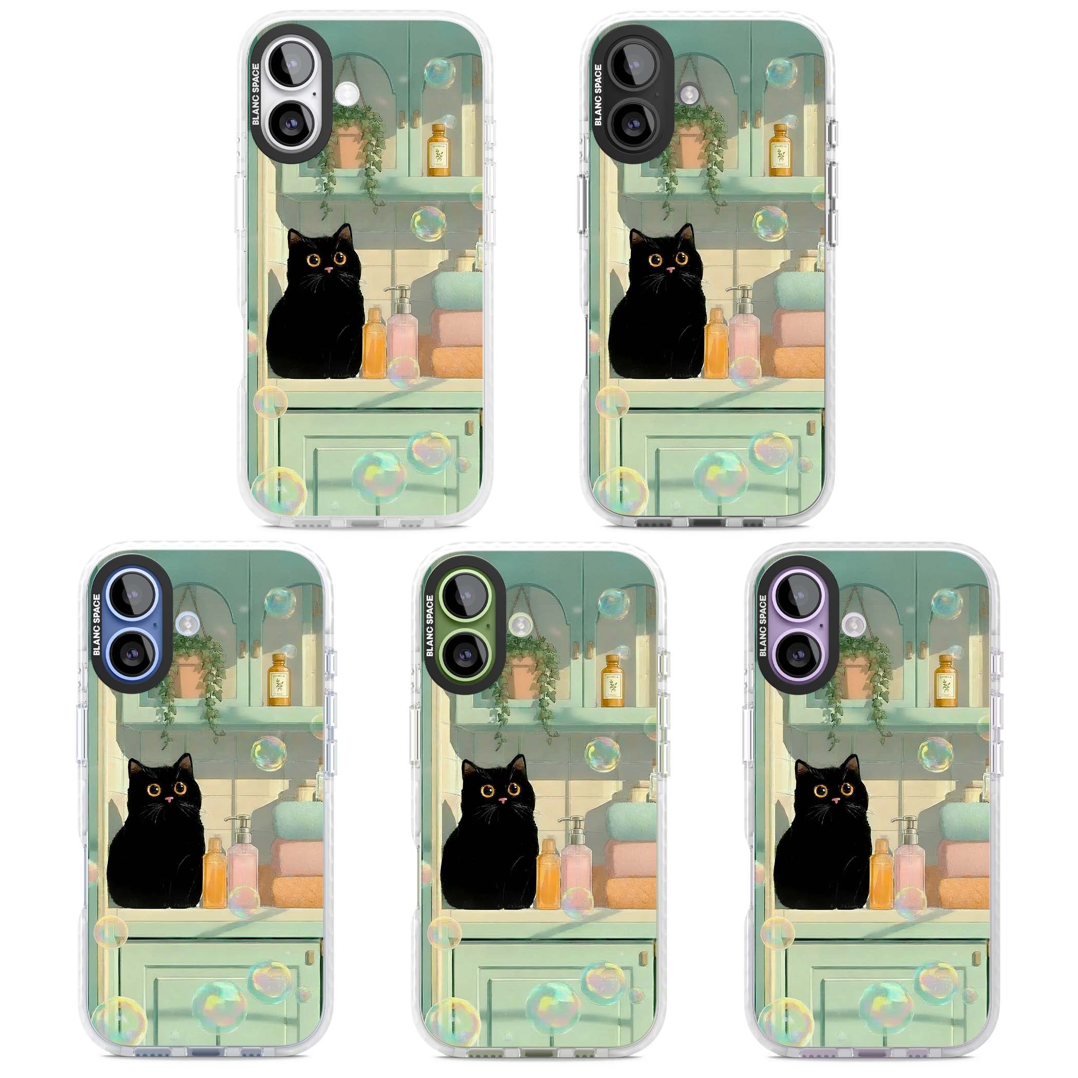 Bathroom Bubble Kitty cottagecore iPhone case featuring a black cat, mint bathroom scene and floating soap bubbles | Black Impact case for iPhone 17