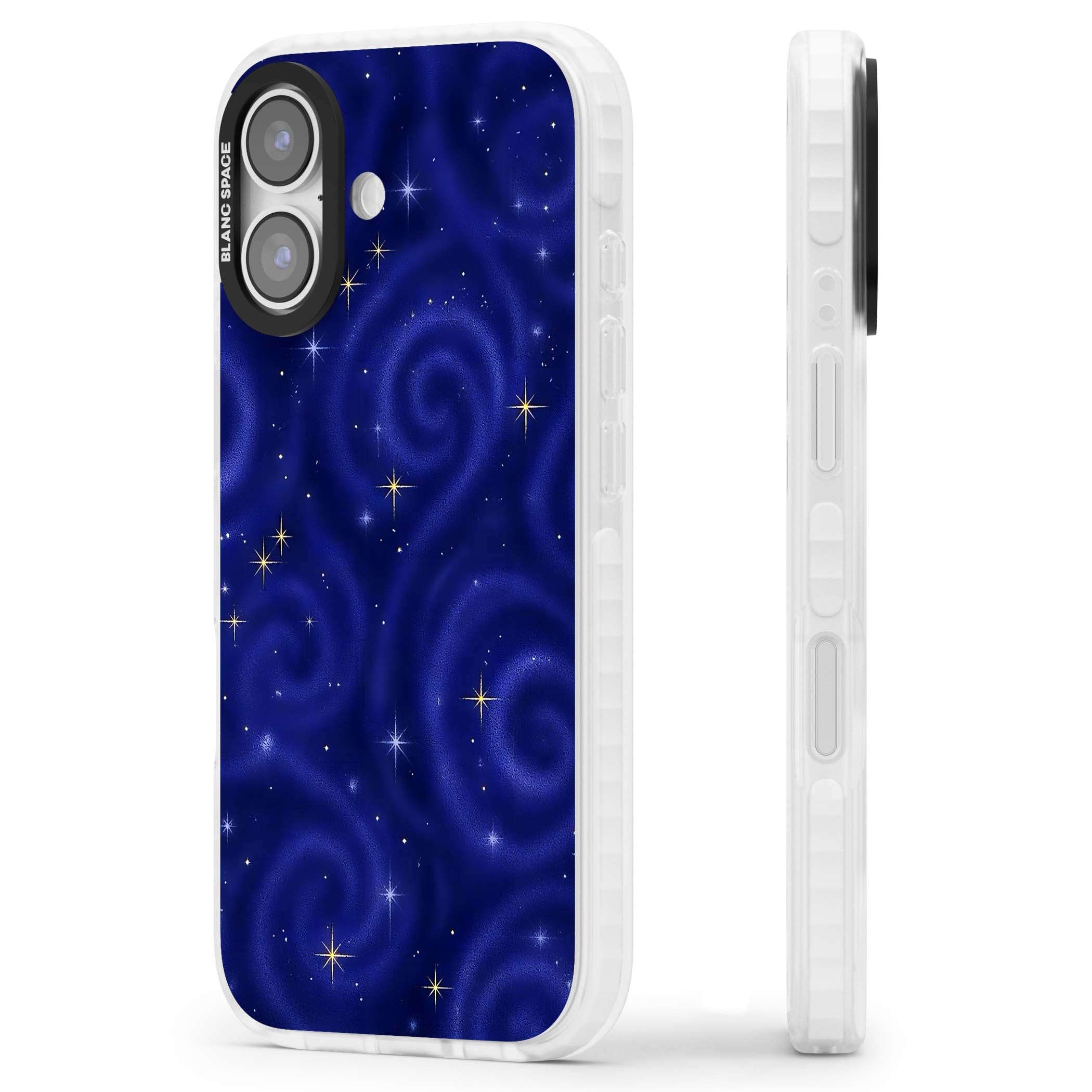Indigo Cosmos celestial iPhone case featuring swirling navy night sky and sparkling golden stars | Black Impact case for iPhone 17