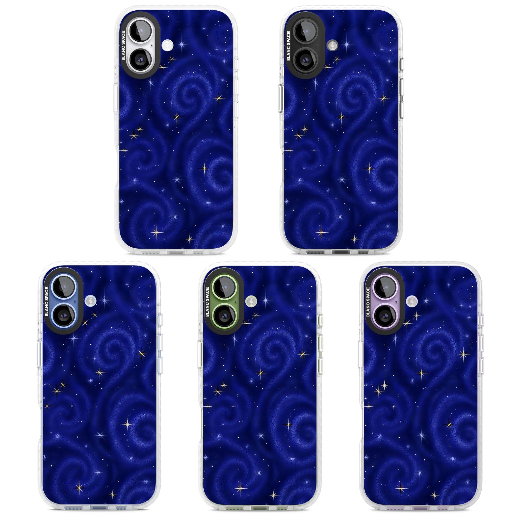 Indigo Cosmos celestial iPhone case featuring swirling navy night sky and sparkling golden stars | Black Impact case for iPhone 17