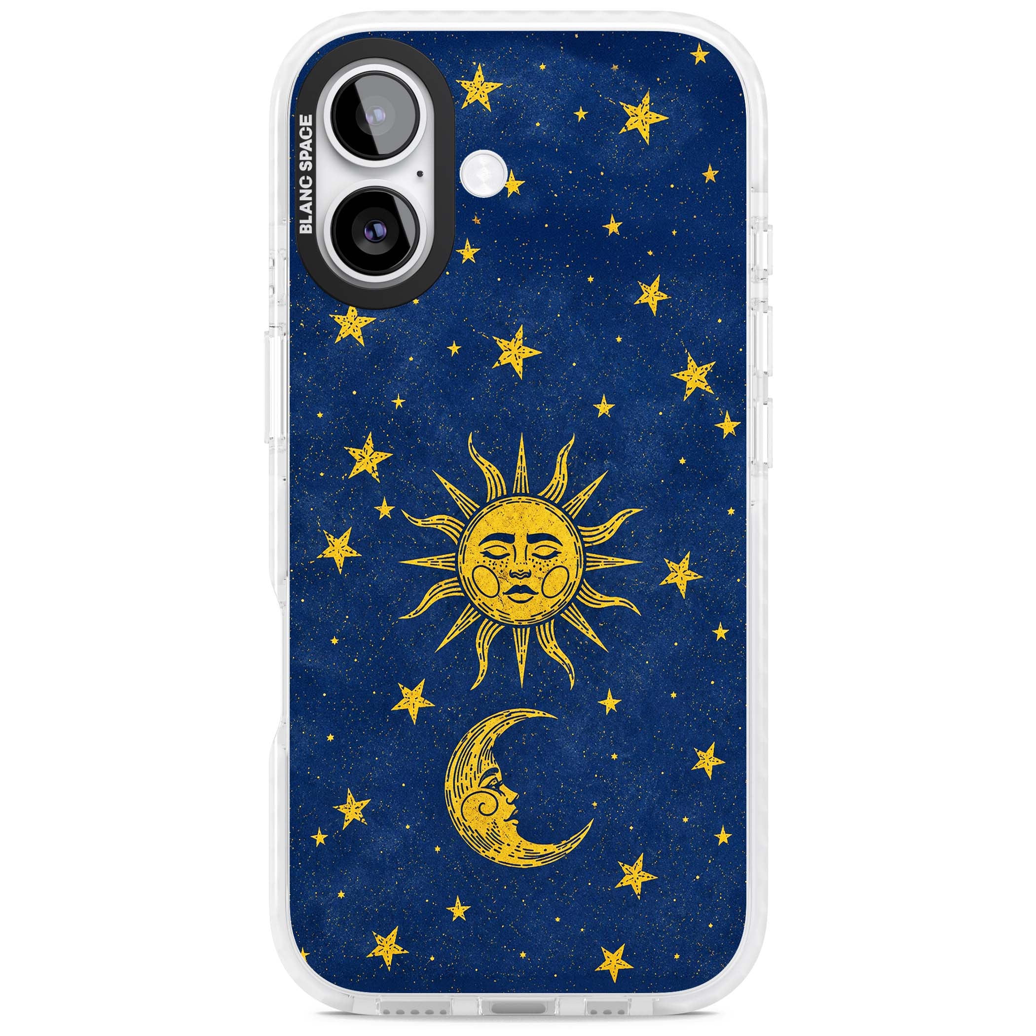 Sun & Moon Reverie celestial iPhone case featuring a vintage golden sun, crescent moon and scattered stars on midnight blue | Black Impact case for iPhone 17