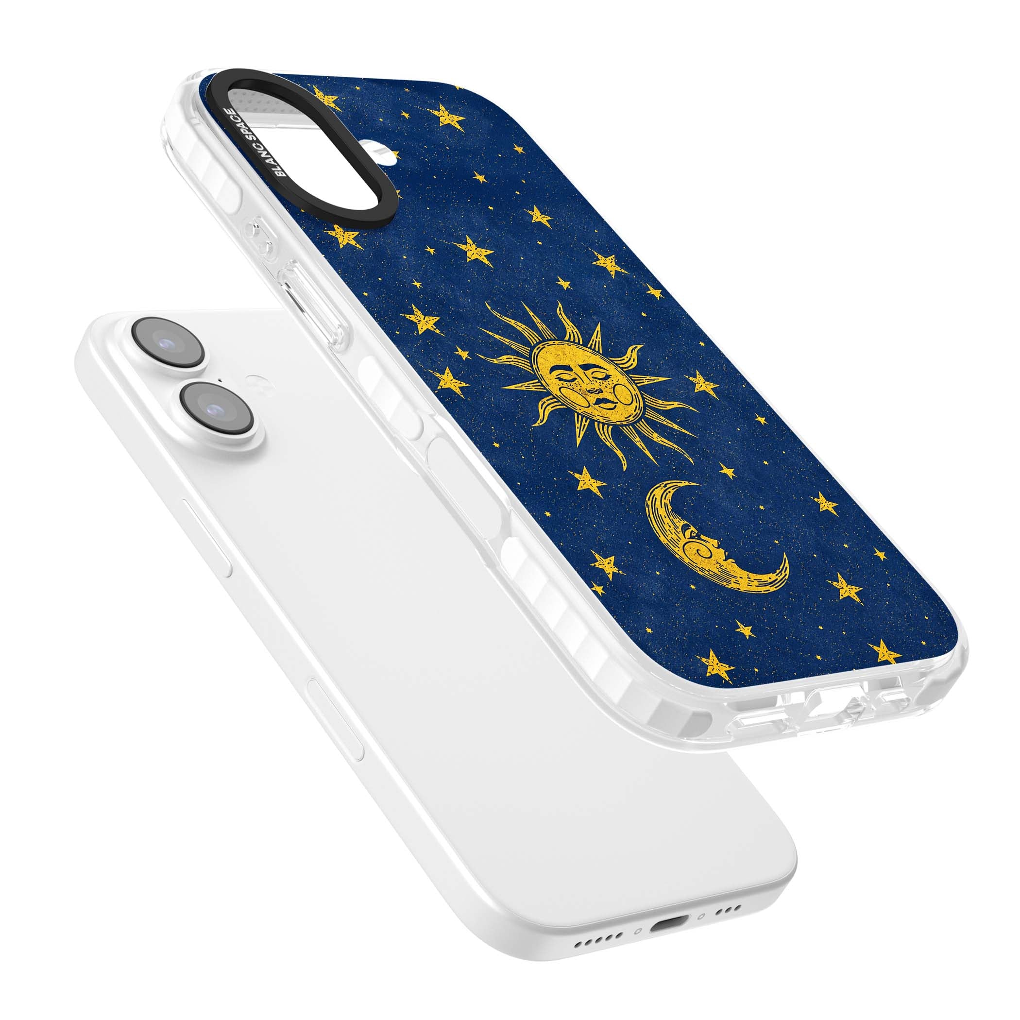 Sun & Moon Reverie celestial iPhone case featuring a vintage golden sun, crescent moon and scattered stars on midnight blue | Black Impact case for iPhone 17