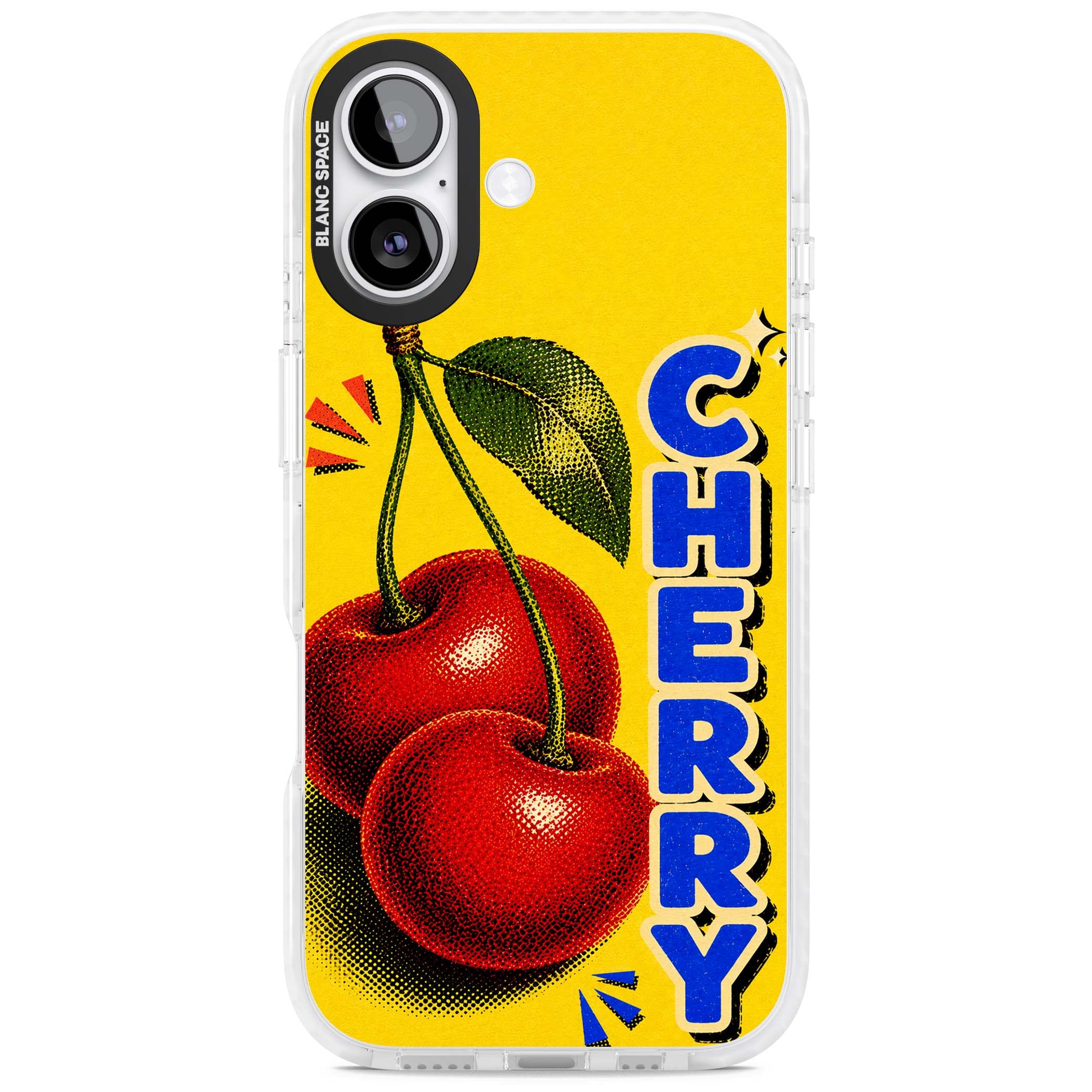 Cherry Yellow y2k iPhone case featuring two red cherries, halftone shading and bold blue CHERRY lettering on yellow | Black Impact case for iPhone 17