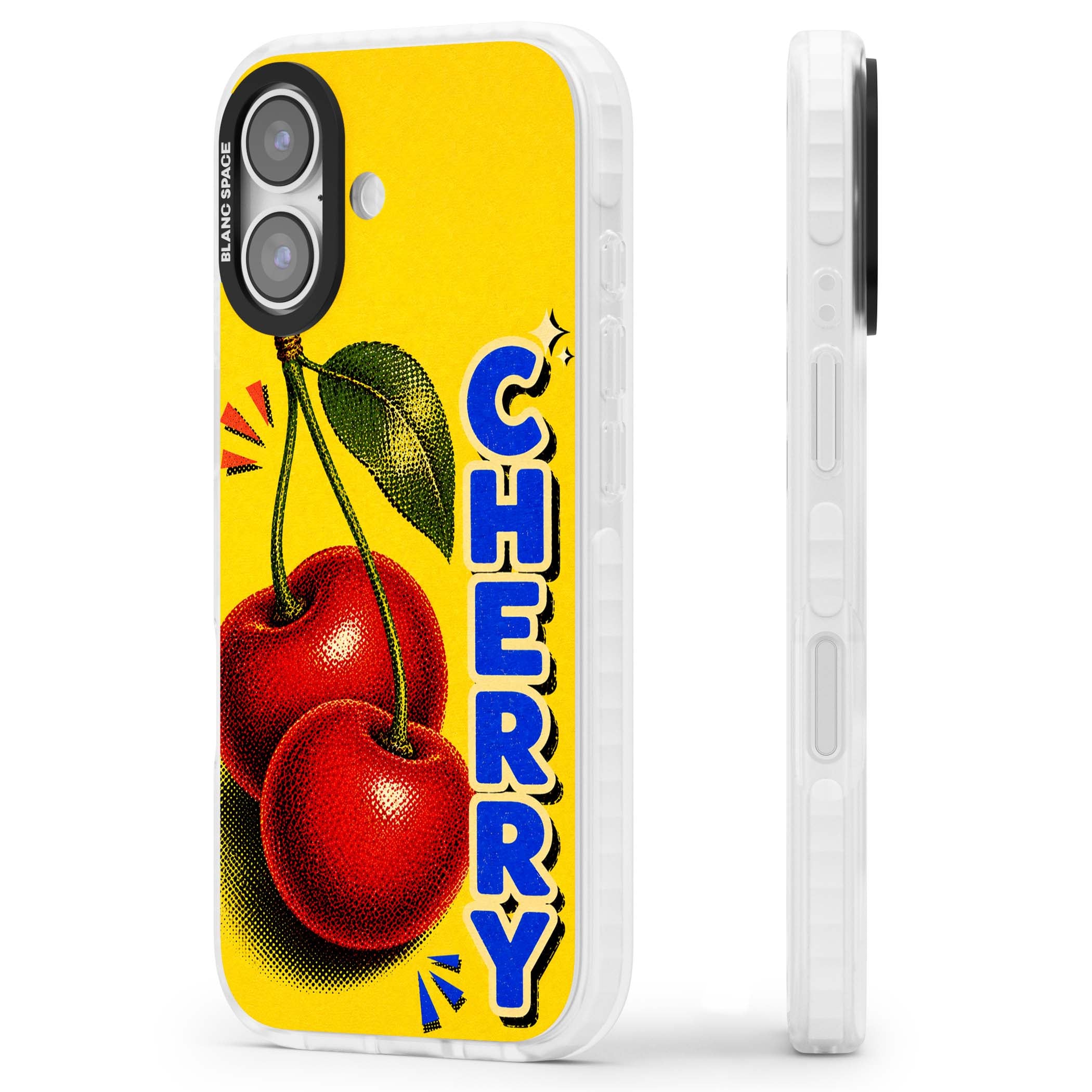 Cherry Yellow y2k iPhone case featuring two red cherries, halftone shading and bold blue CHERRY lettering on yellow | Black Impact case for iPhone 17