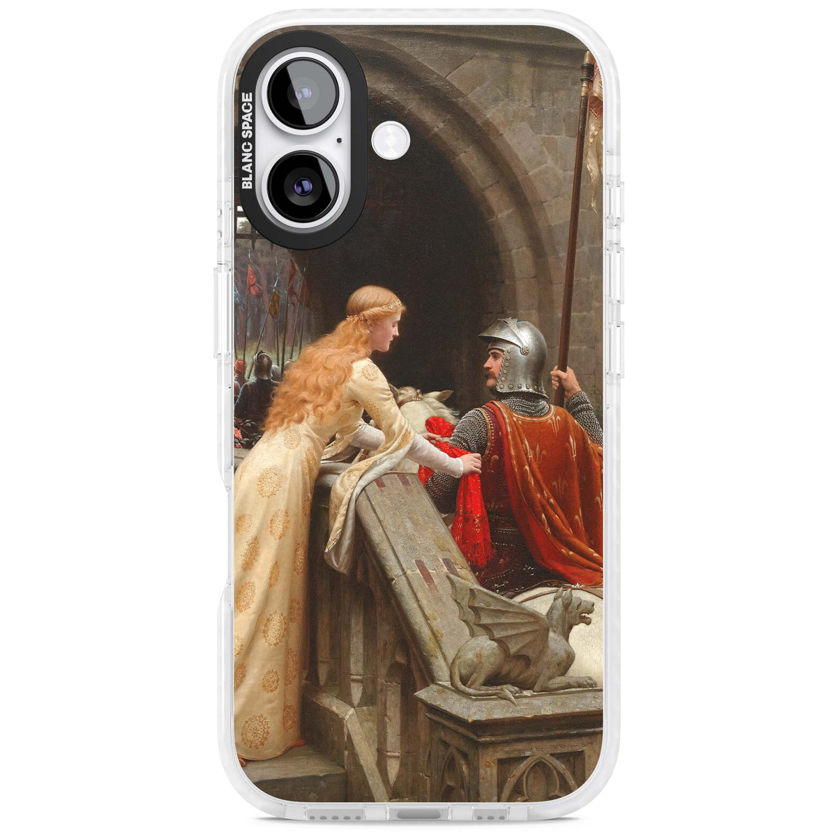 God Speed fine art iPhone case featuring Edmund Blair Leighton's medieval knight and lady beneath a stone archway | Black Impact case for iPhone 17