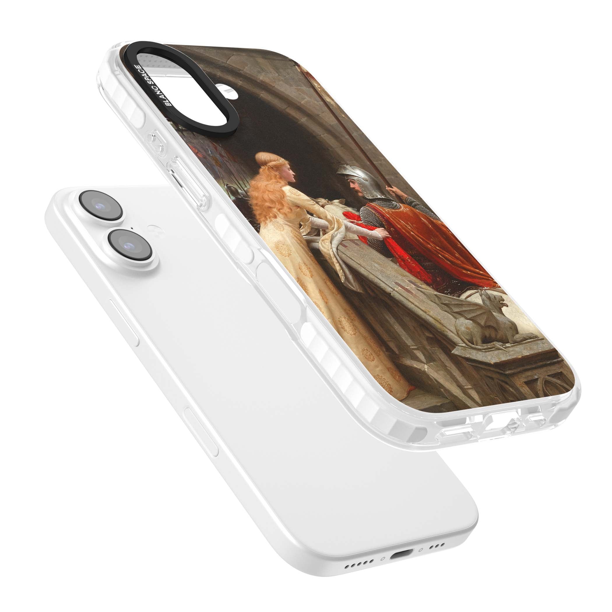 God Speed fine art iPhone case featuring Edmund Blair Leighton's medieval knight and lady beneath a stone archway | Black Impact case for iPhone 17