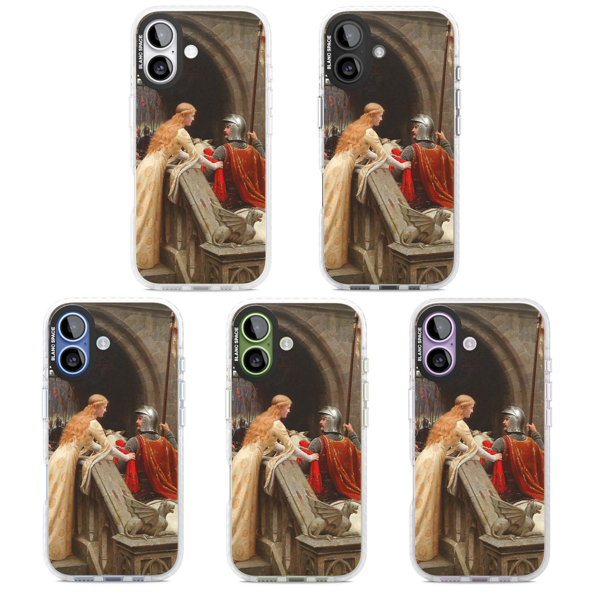 God Speed fine art iPhone case featuring Edmund Blair Leighton's medieval knight and lady beneath a stone archway | Black Impact case for iPhone 17